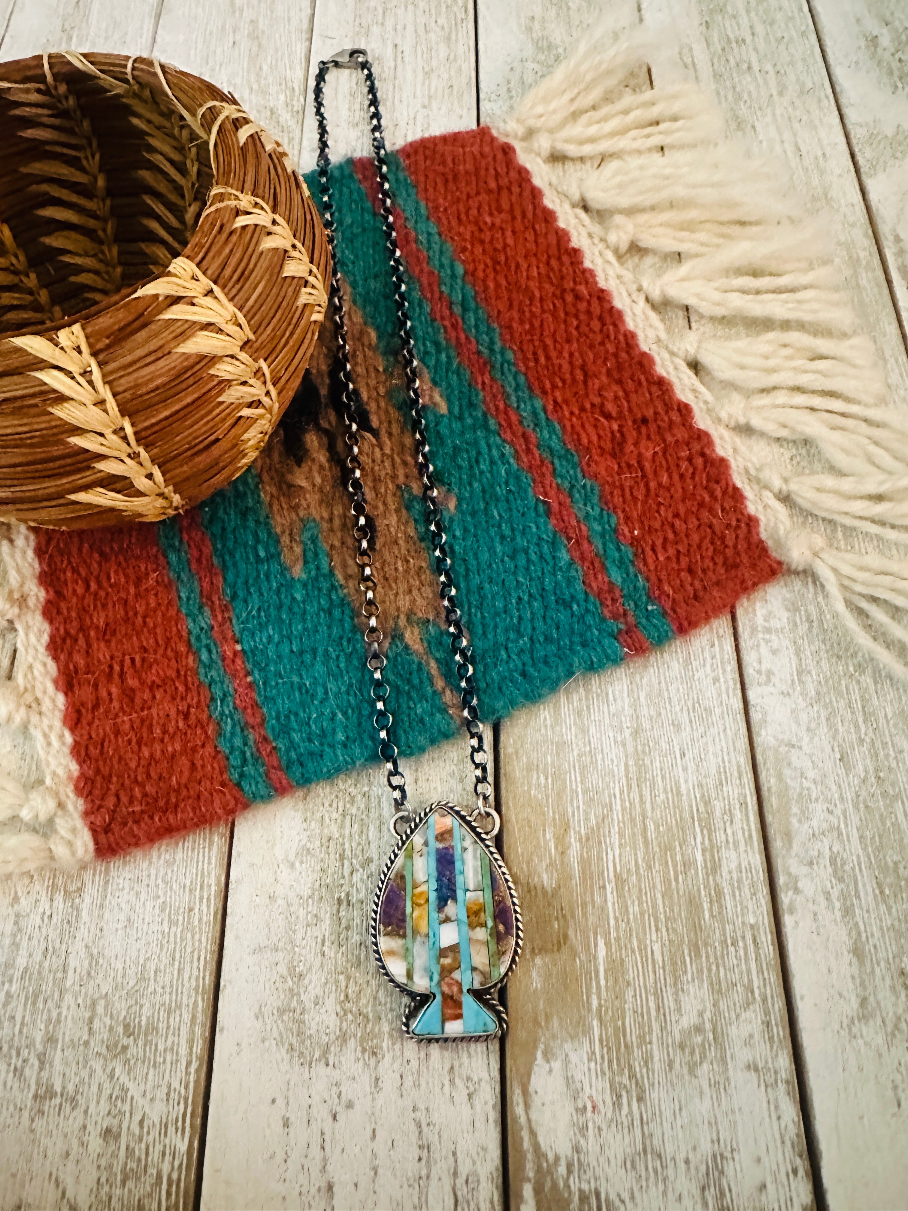 Navajo Sterling Silver & Multi Stone Inlay Spade Necklace