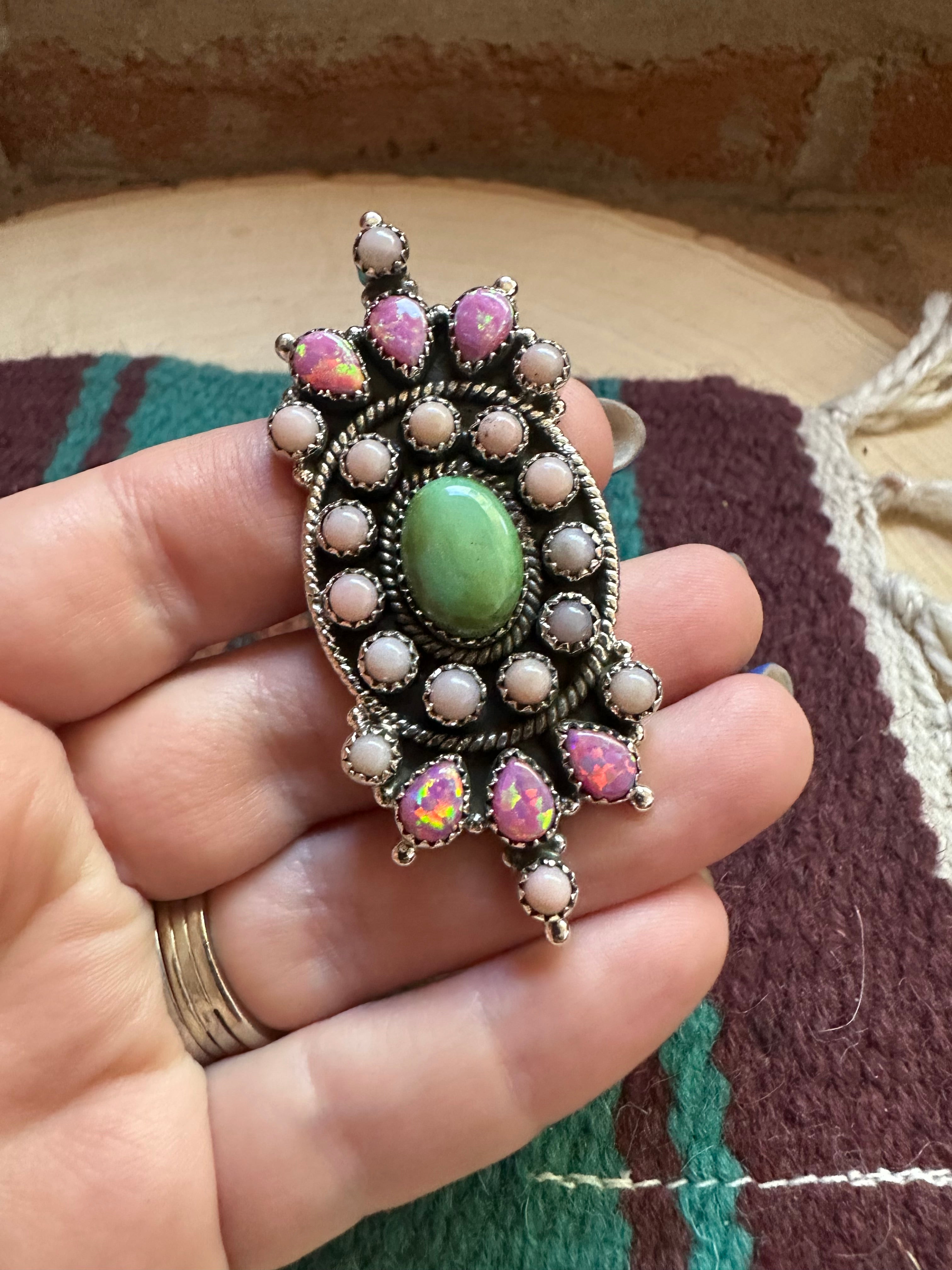 Handmade Sonoran Turquoise, Pink Conch, Pink Fire Opal & Sterling Silver Adjustable Ring Signed Nizhoni