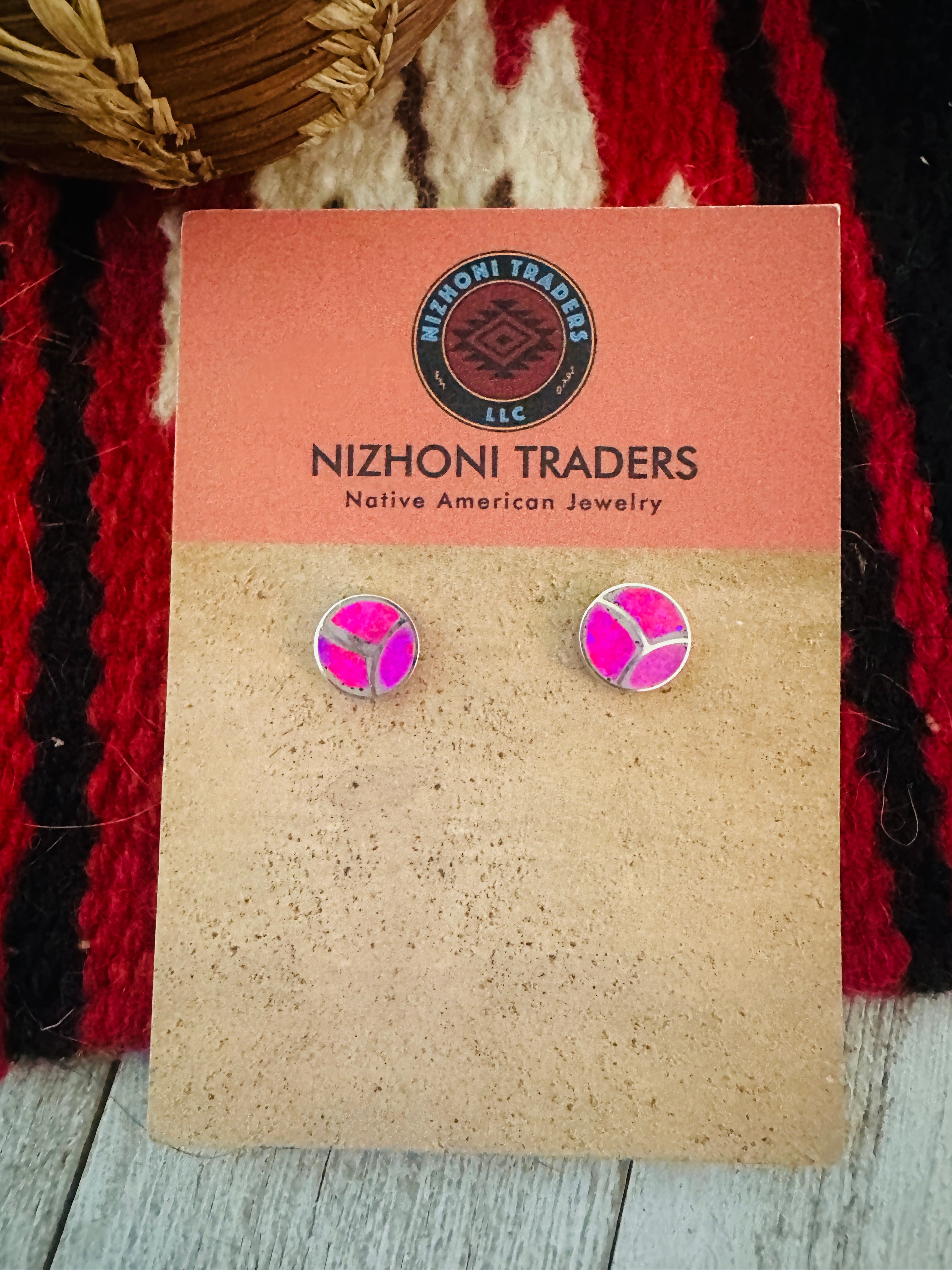 Zuni Pink Opal & Sterling Silver Inlay Stud Earrings