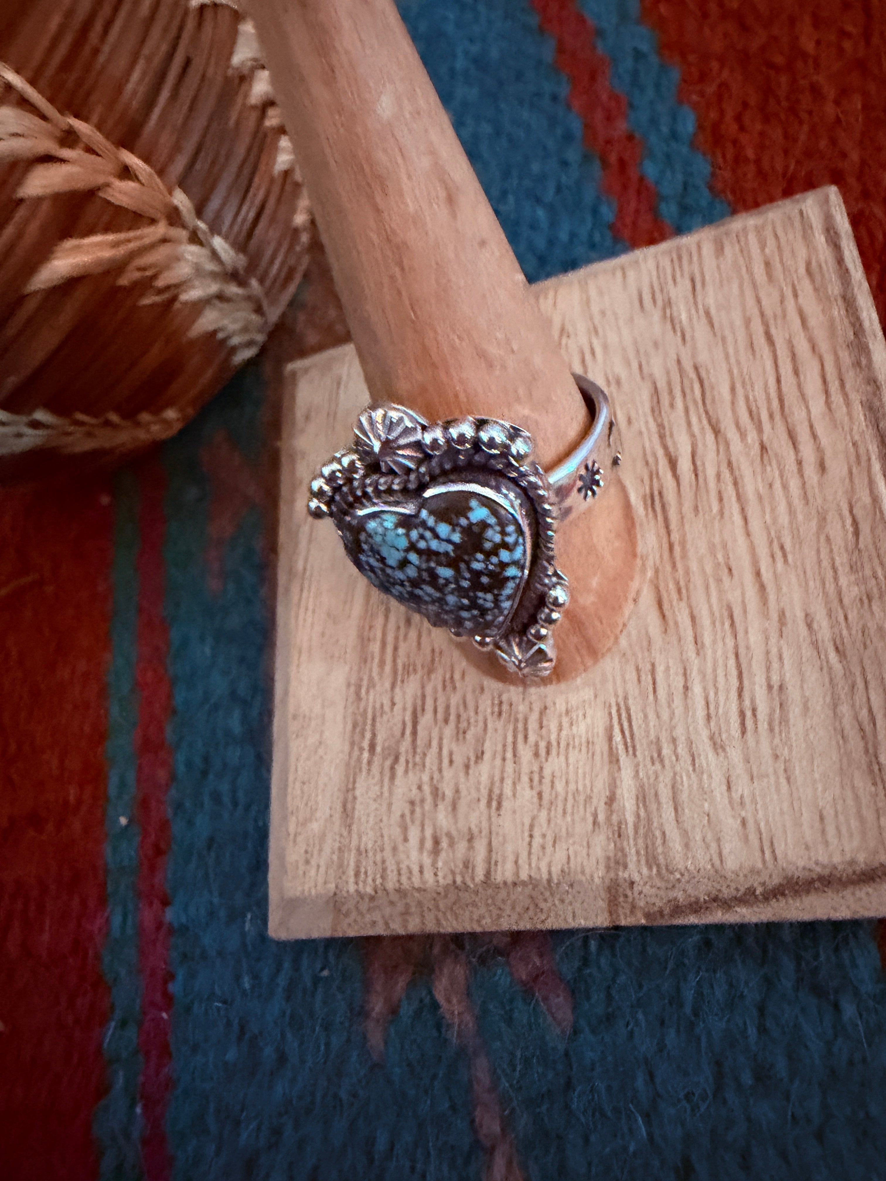 Handmade Sterling Silver Number 8 Turquoise Adjustable Heart Ring Signed Nizhoni