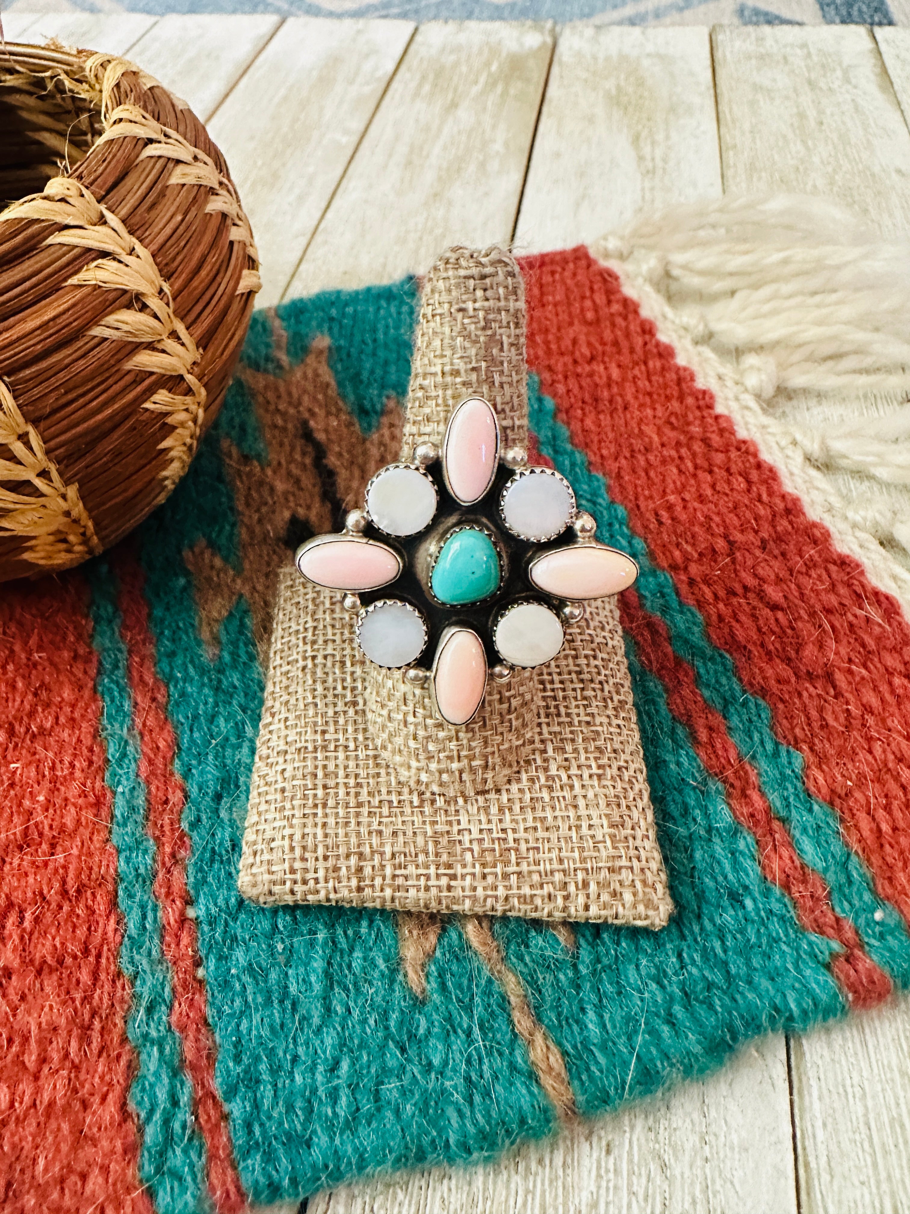 Handcrafted Queen Pink Conch, Mother of Pearl, Turquoise & Sterling Silver Adjustable Ring by Jacqueline Silver