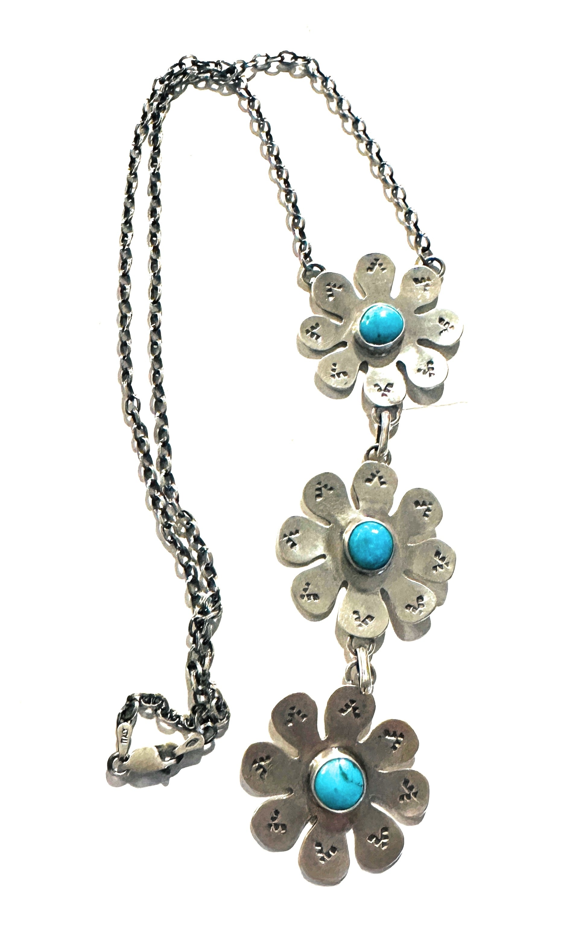 Navajo Sterling Silver & Turquoise Flower Lariat Necklace