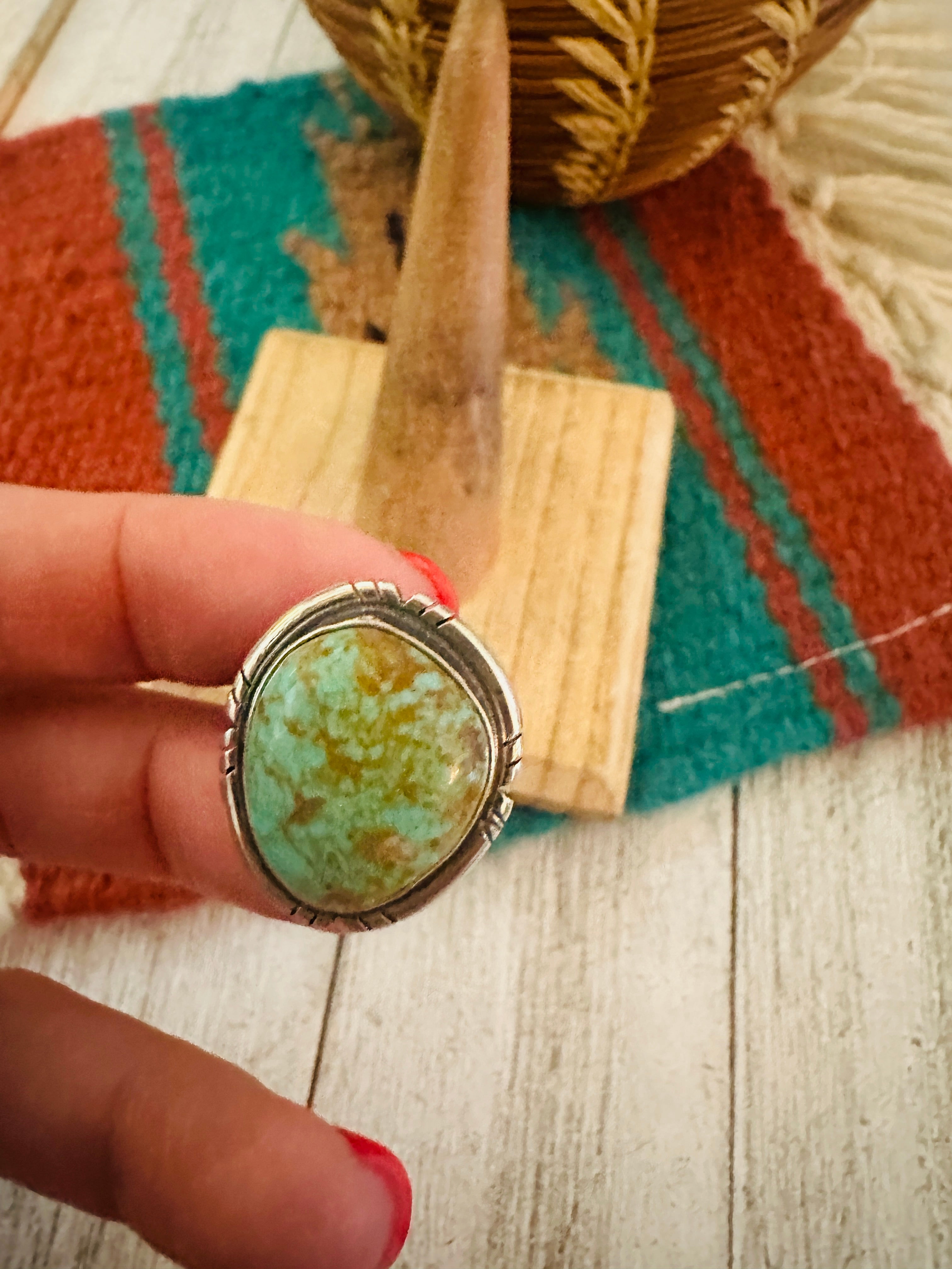 Navajo Turquoise & Sterling Silver Shadowbox Ring Size 8.75