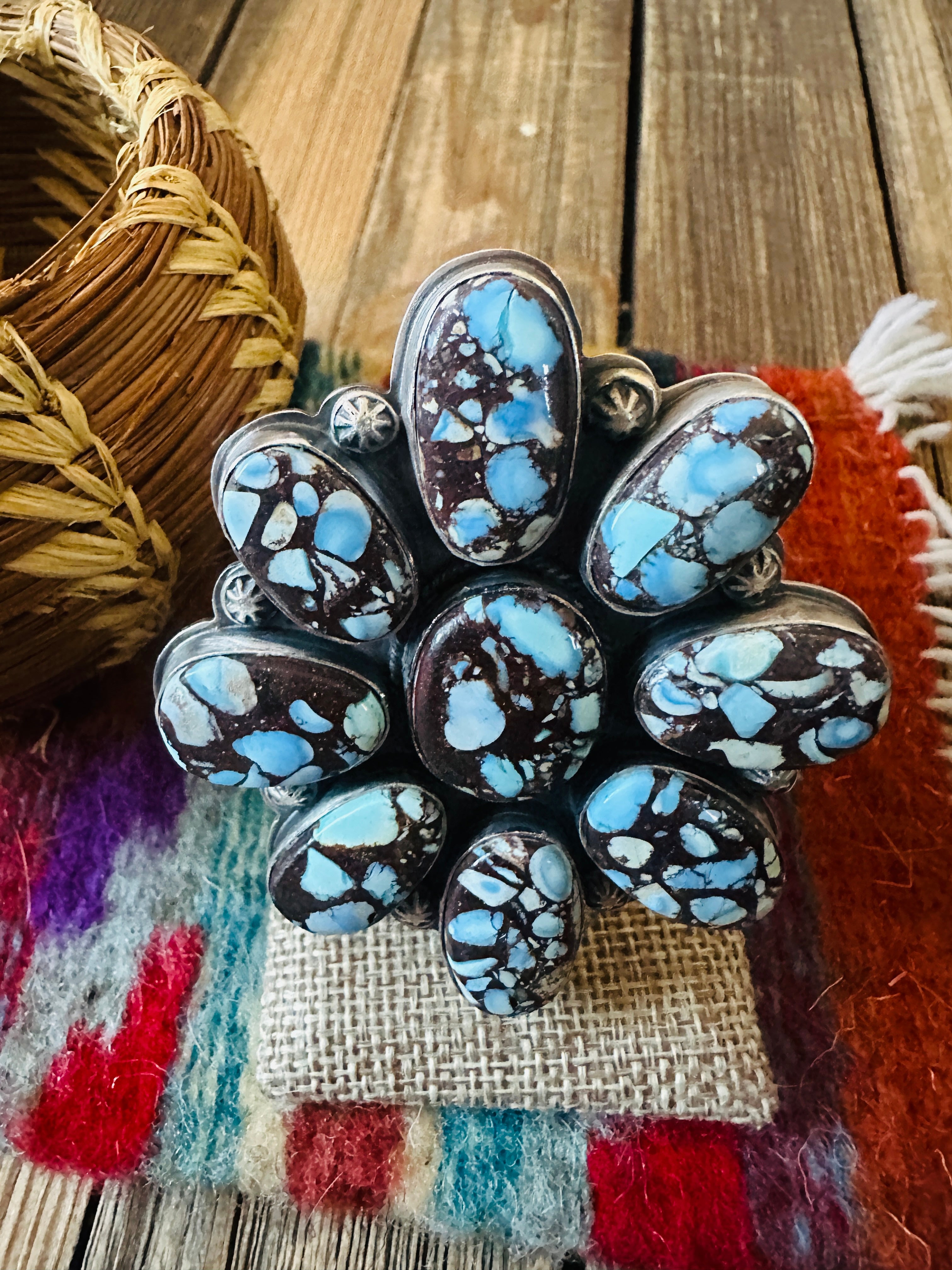 Handcrafted Golden Hills Turquoise & Sterling Silver Cluster Adjustable Ring