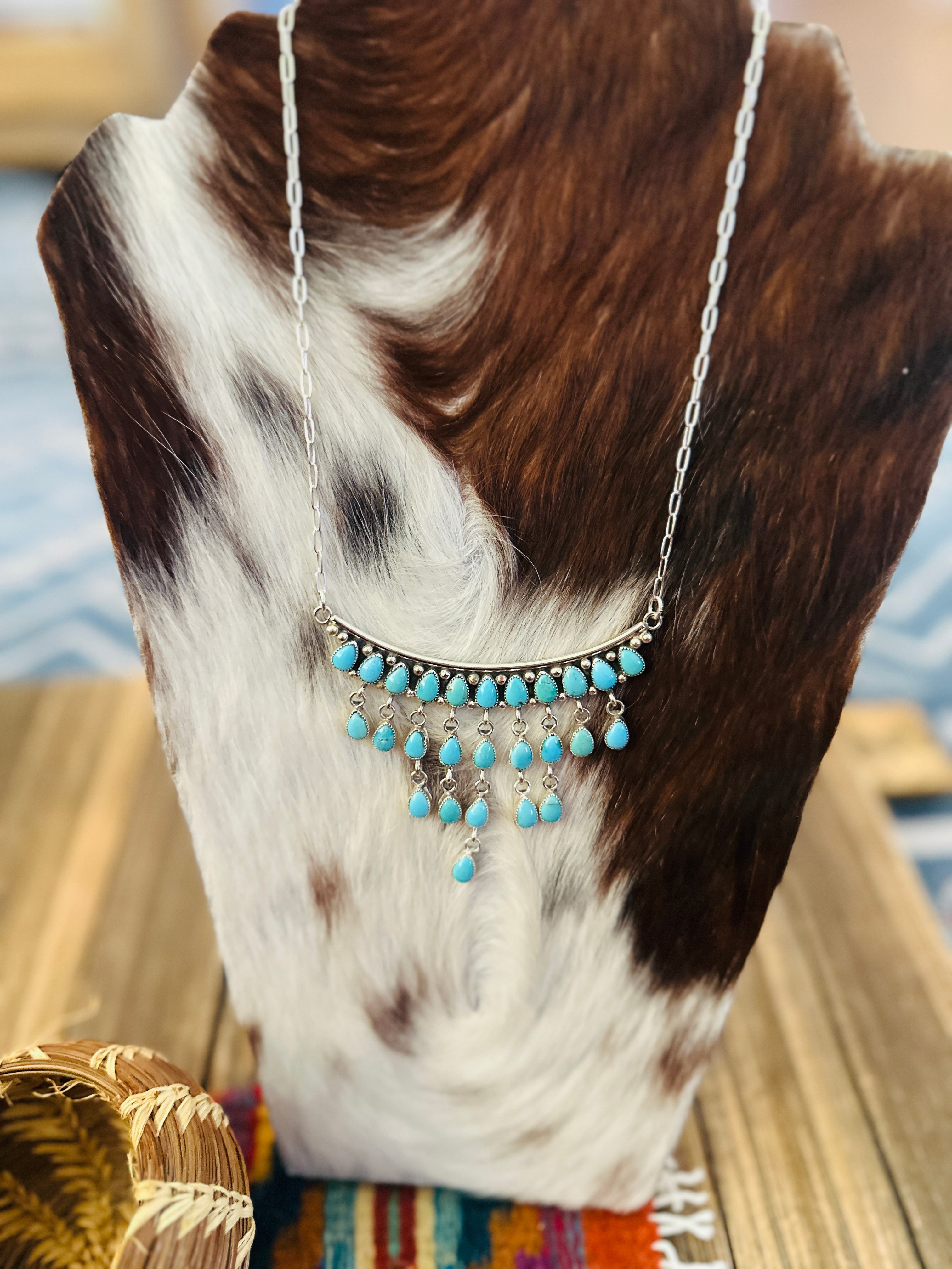 Handcrafted Turquoise & Sterling Silver Chandelier Necklace by Julia Etsitty