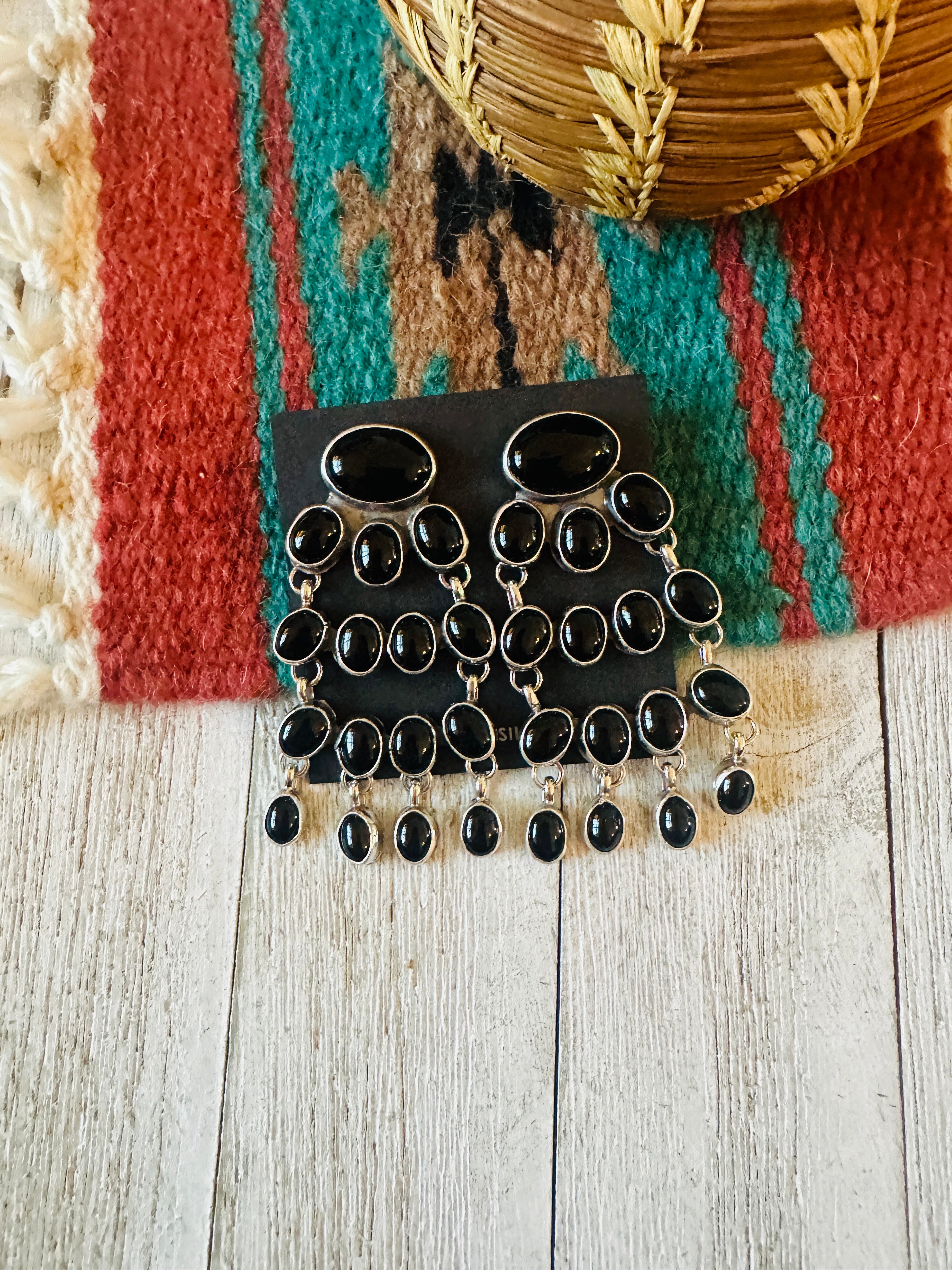 Navajo Sterling Silver & Black Onyx Chandelier Dangle Earrings