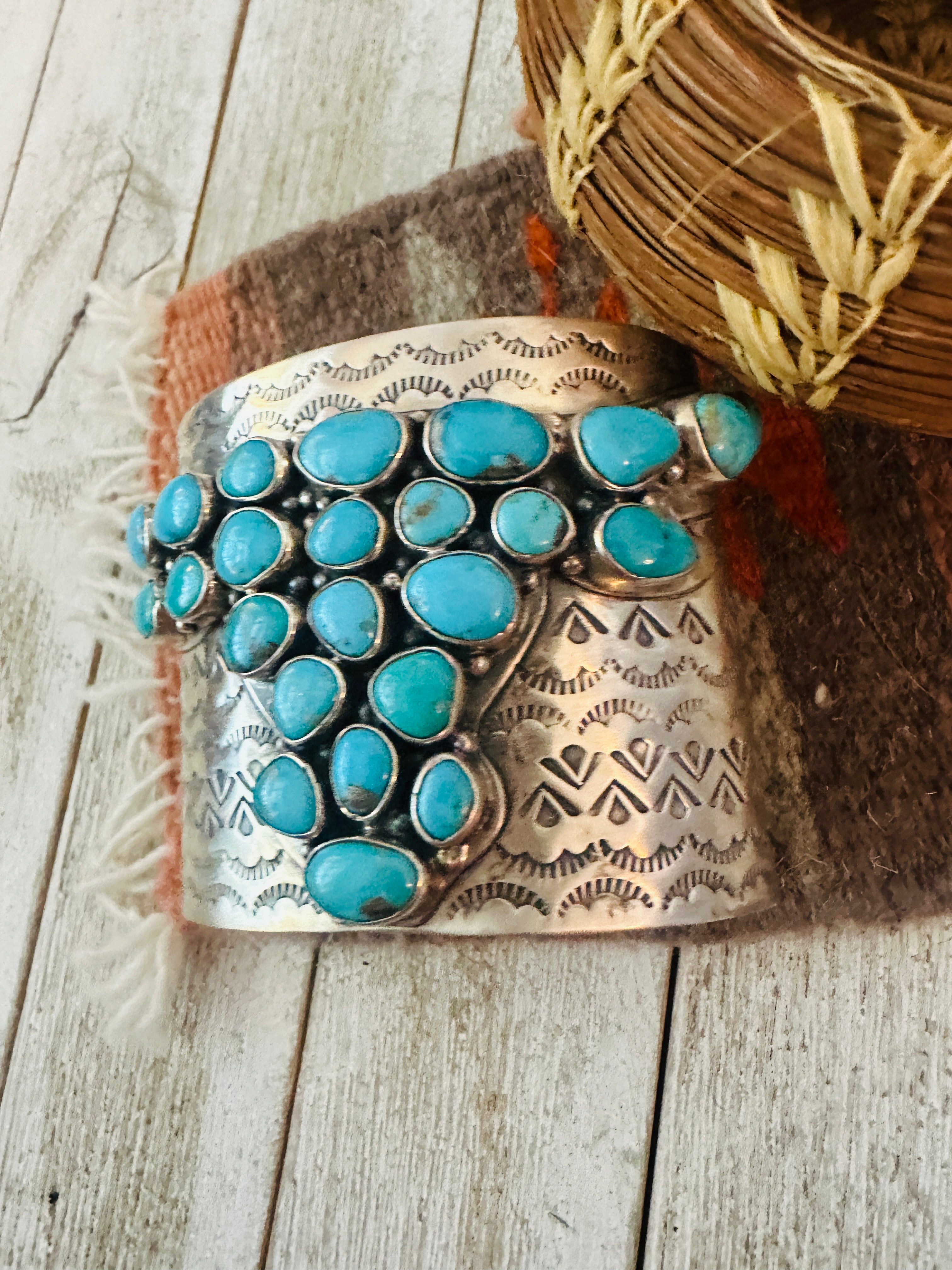 Handcrafted Sterling Silver & Turquoise Bullhead Cluster Cuff Bracelet /