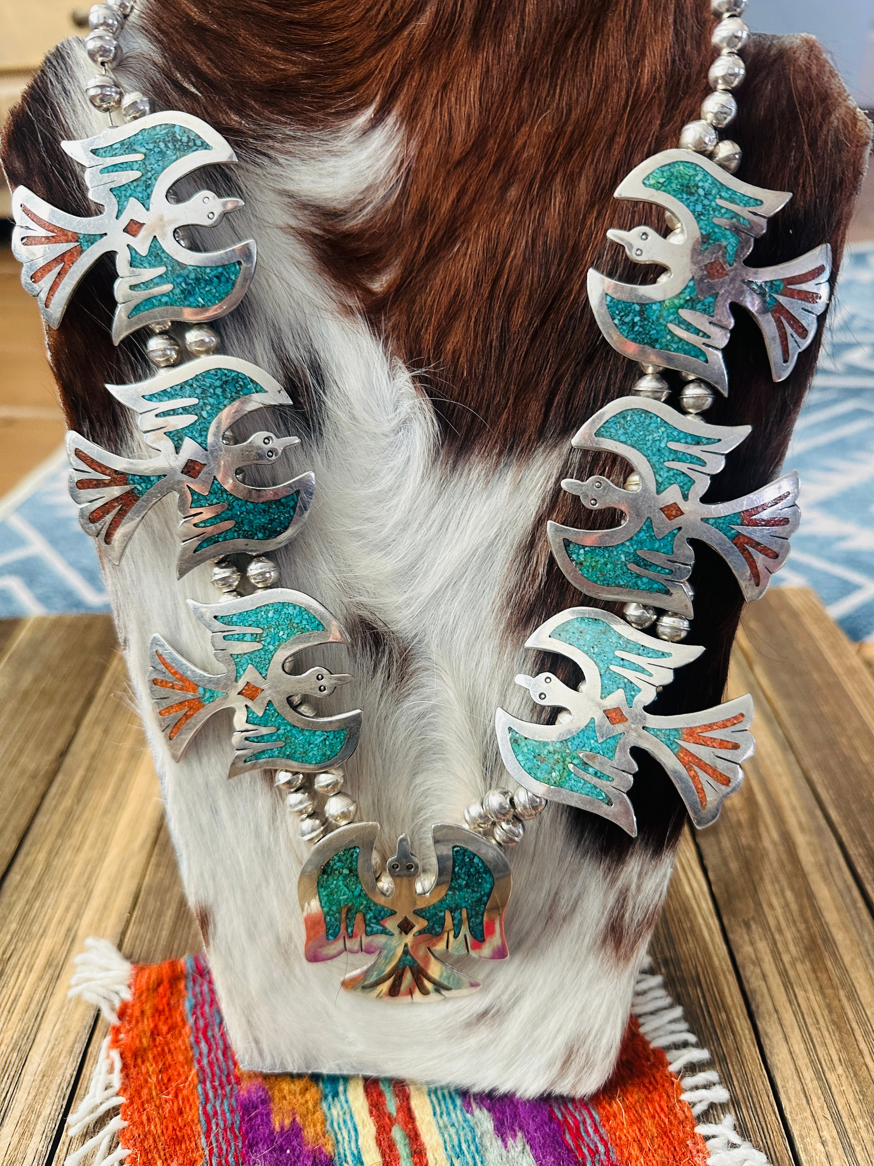 Old Pawn Handcrafted Turquoise, Coral & Sterling Silver Beaded Waterbird Necklace