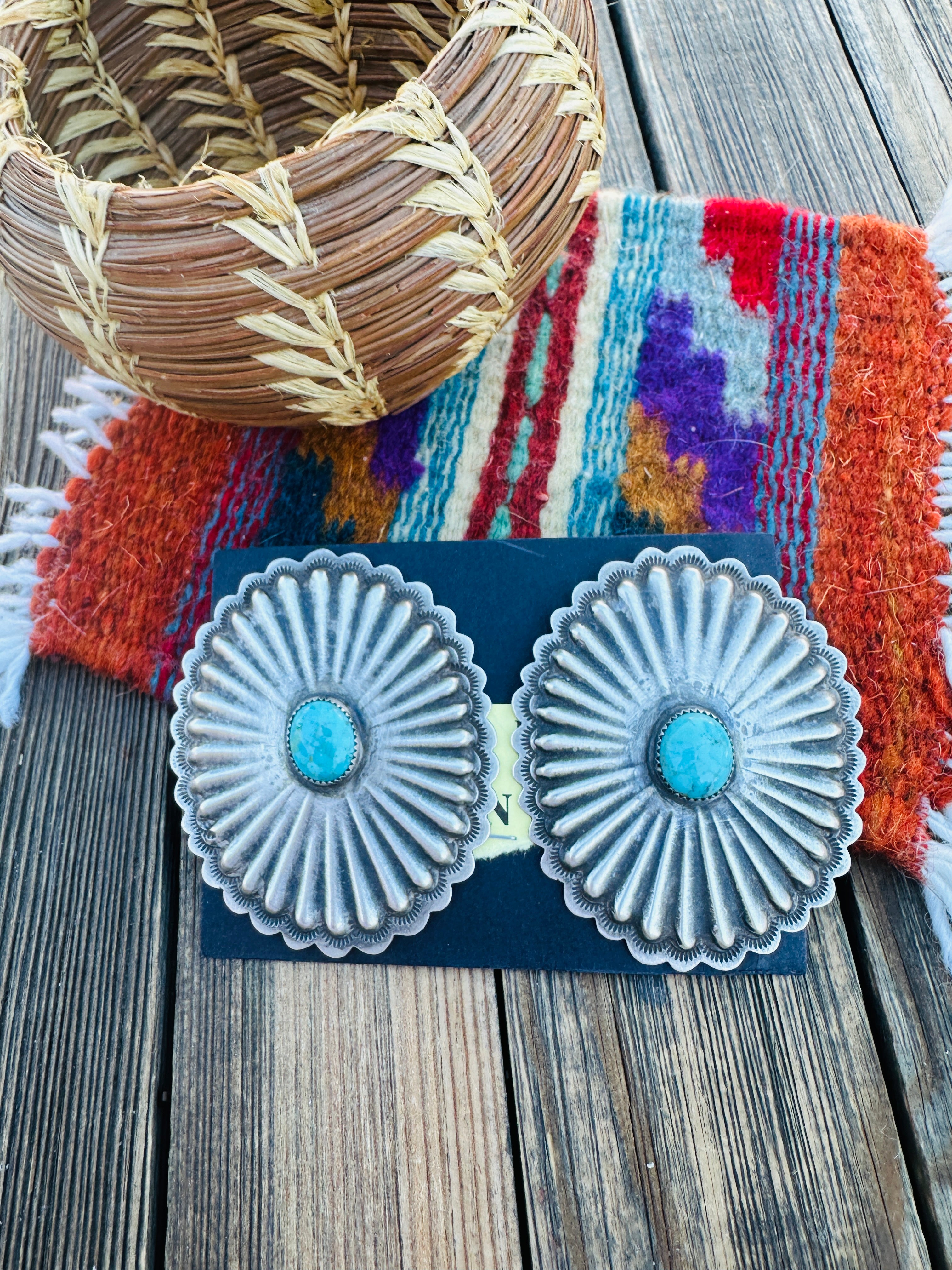 Handcrafted Old Pawn Sterling Silver & Turquoise Concho Post Earrings