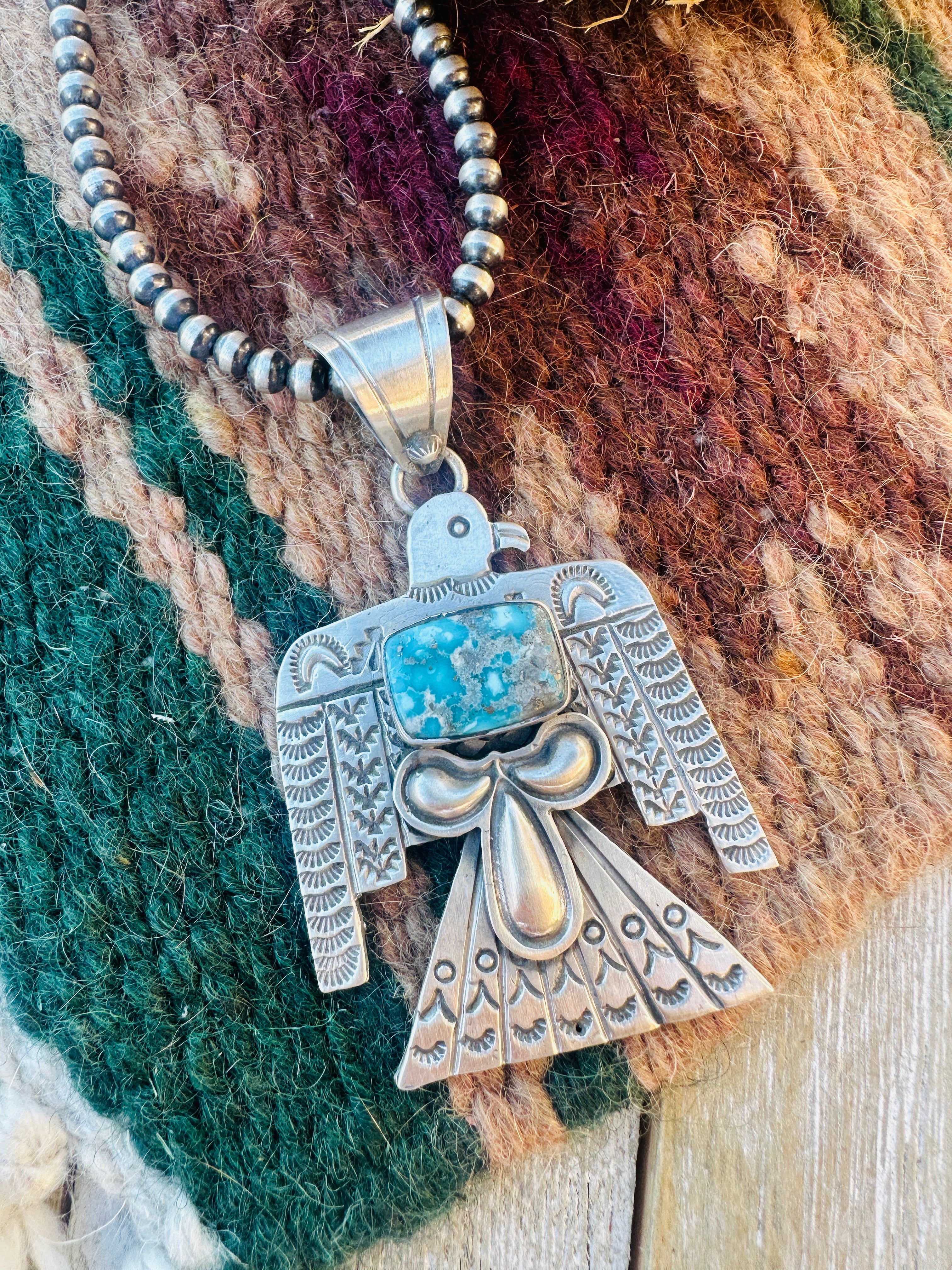 Handcrafted Sterling Silver & Turquoise Thunderbird Pendant by Leroy James