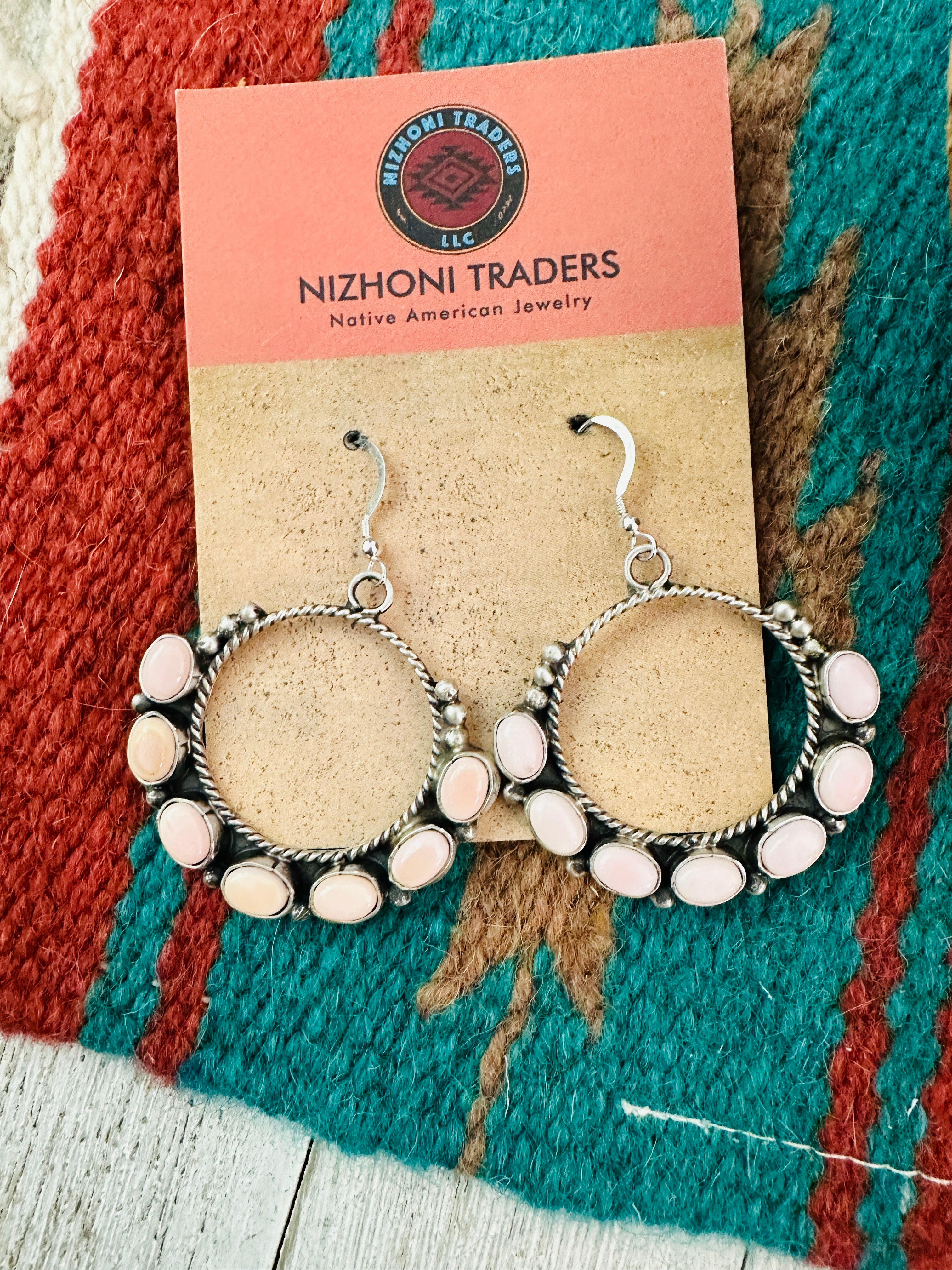 Navajo Queen Pink Conch & Sterling Silver Circle Dangle Earrings Signed