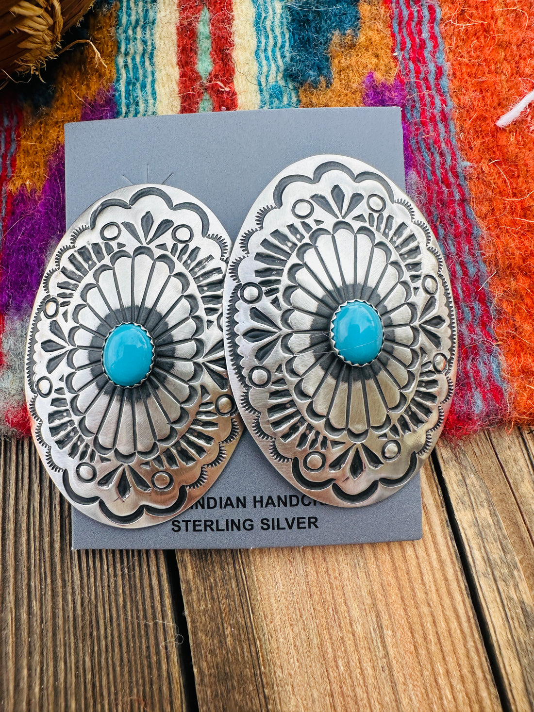 Handcrafted Turquoise & Sterling Silver Concho Post Earrings by Leander Tahe