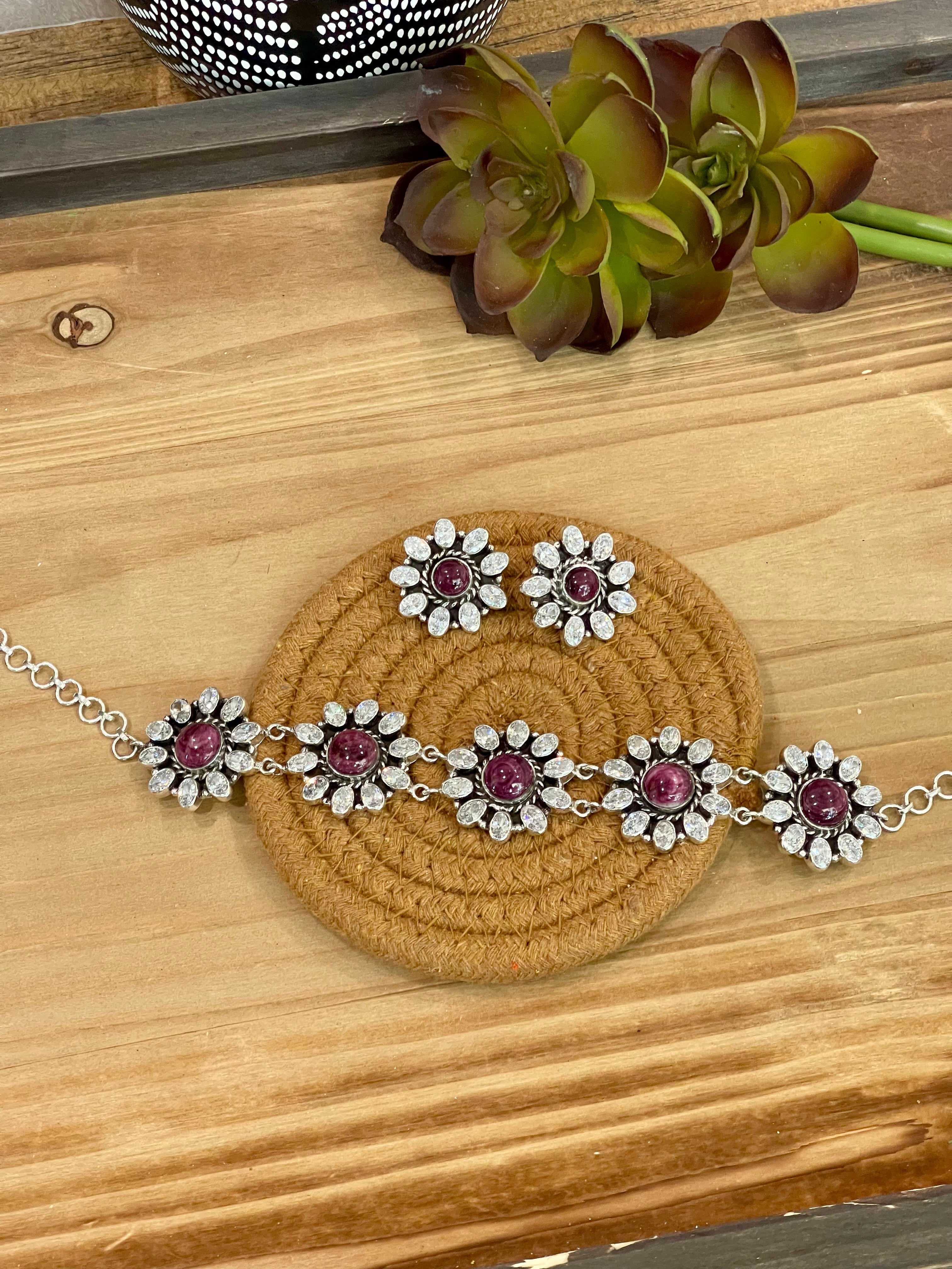 Handmade Sterling Silver, Purple Spiny & Cubic Zirconia Necklace And Earrings Set Signed Nizhoni