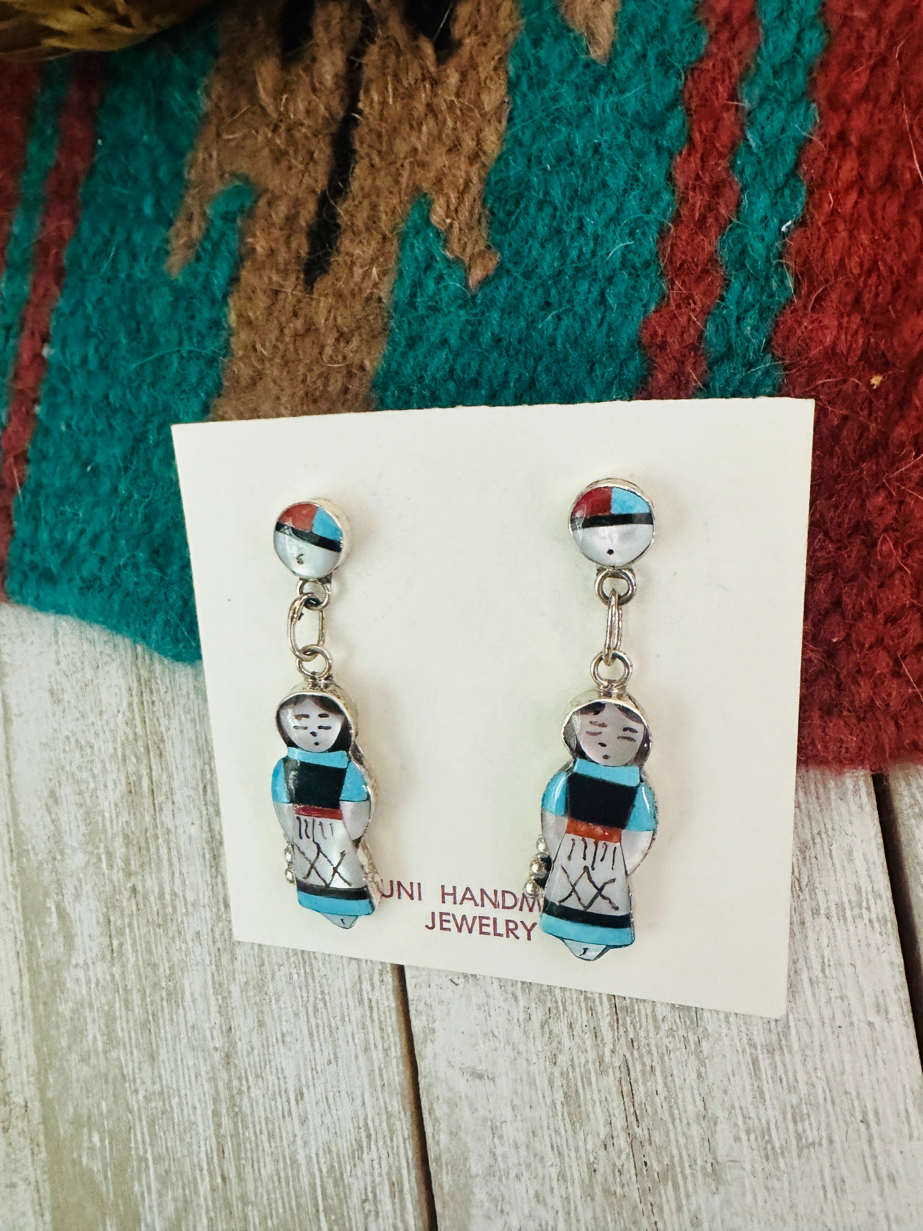 Zuni Multi Stone & Sterling Silver Inlay Maiden Girl Dangle Earrings