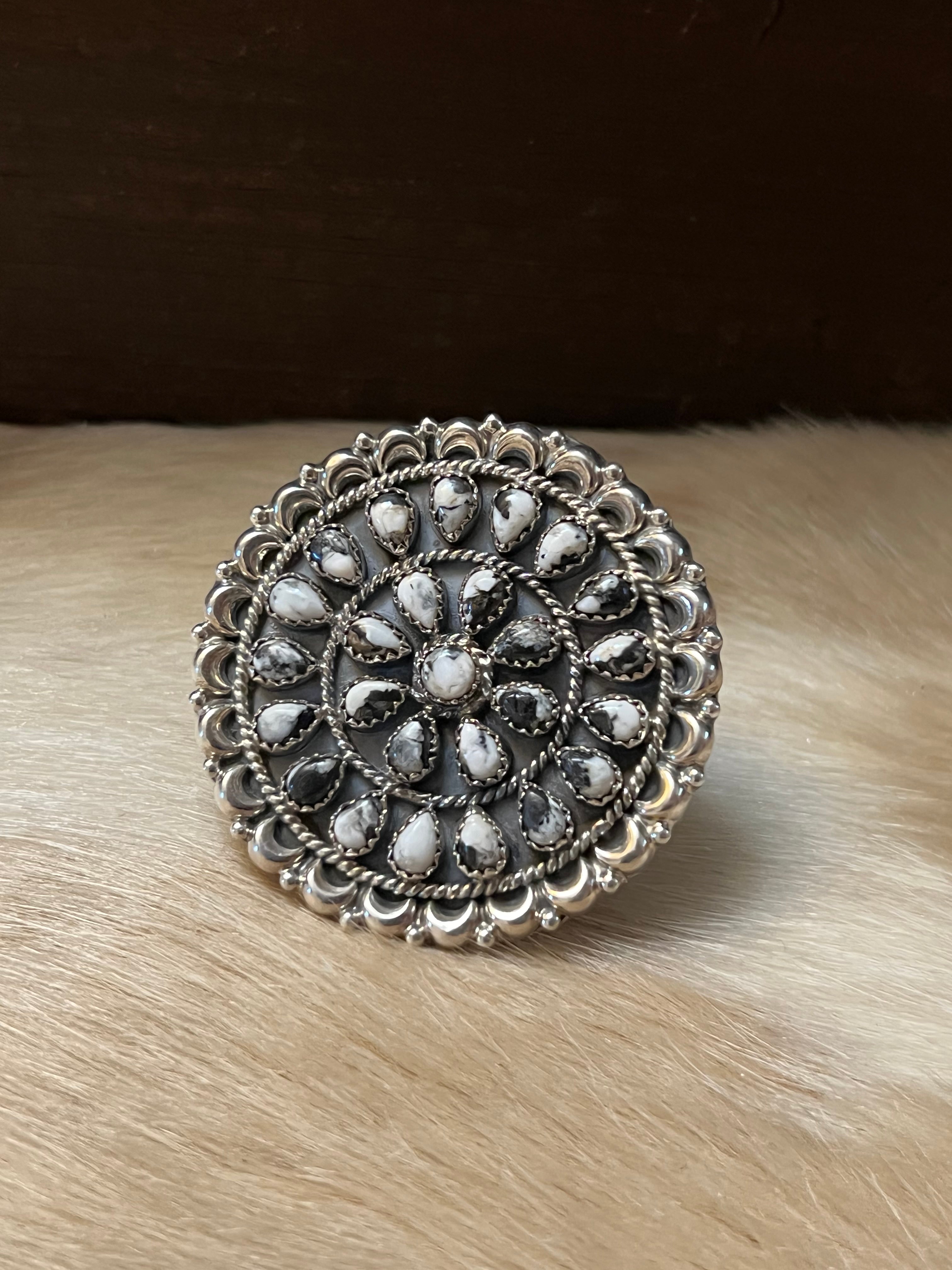 Handmade Sterling Silver & White Buffalo Round Cluster Adjustable Statement Ring