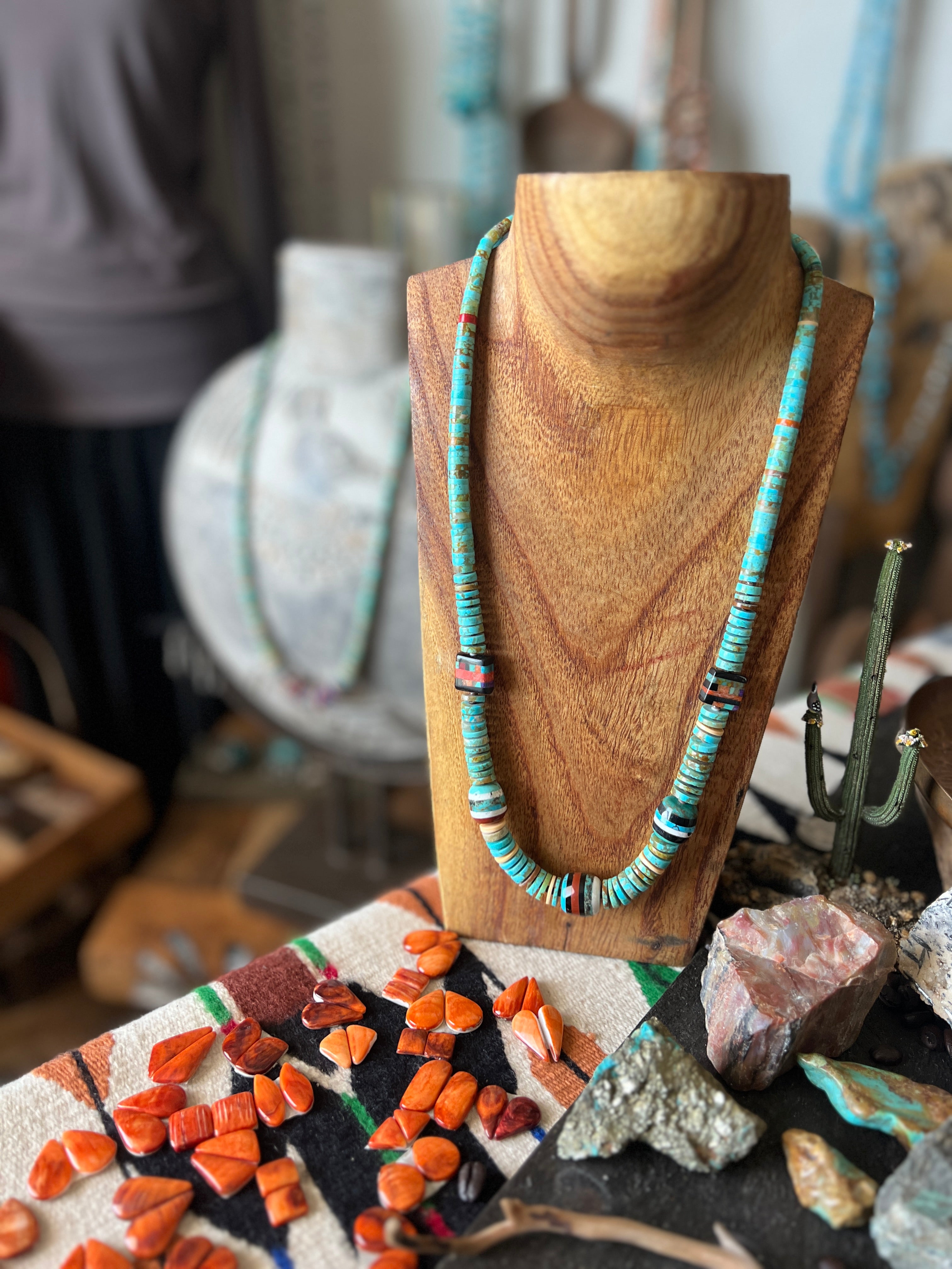 Ronald Chavez Handcrafted Turquoise Heishi Beaded Santo Domingo Necklace with Layered Bead Accents