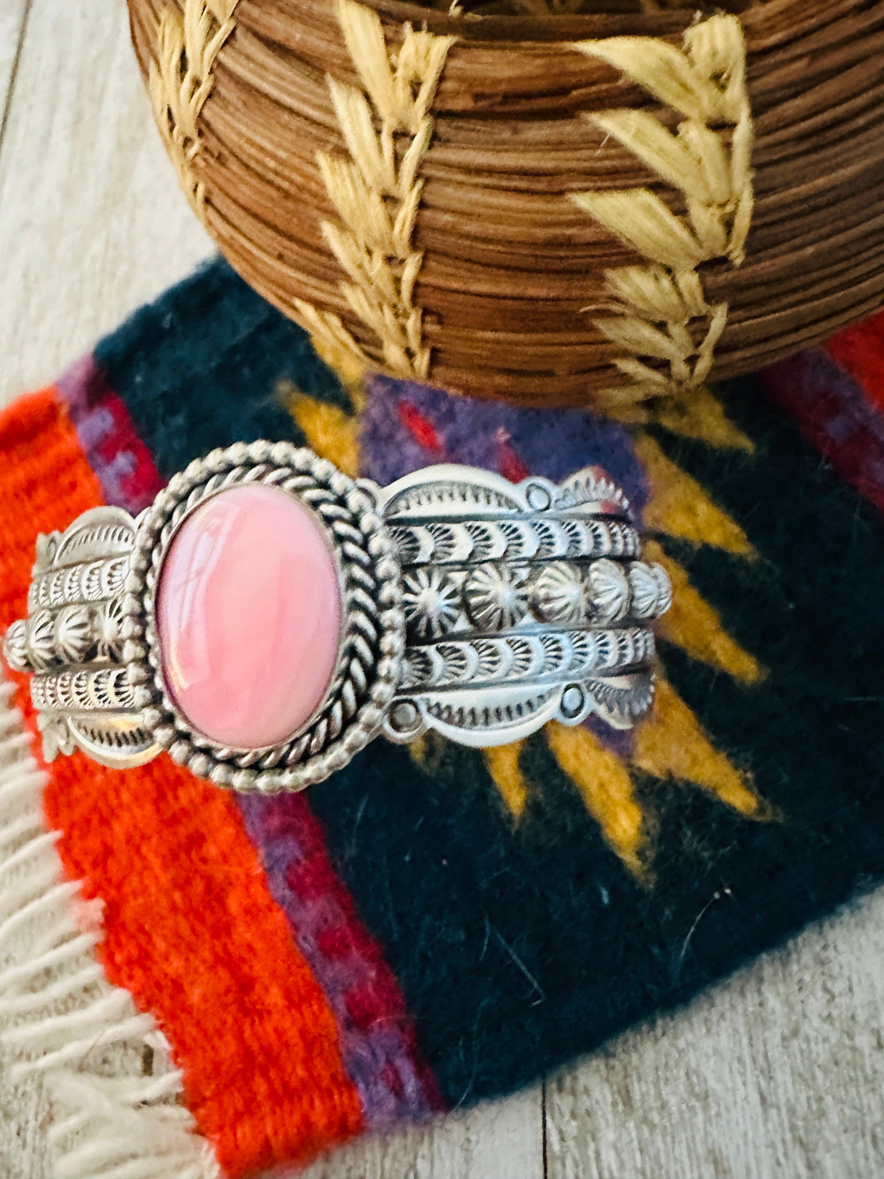 Navajo Queen Pink Conch Shell & Sterling Silver Cuff Bracelet