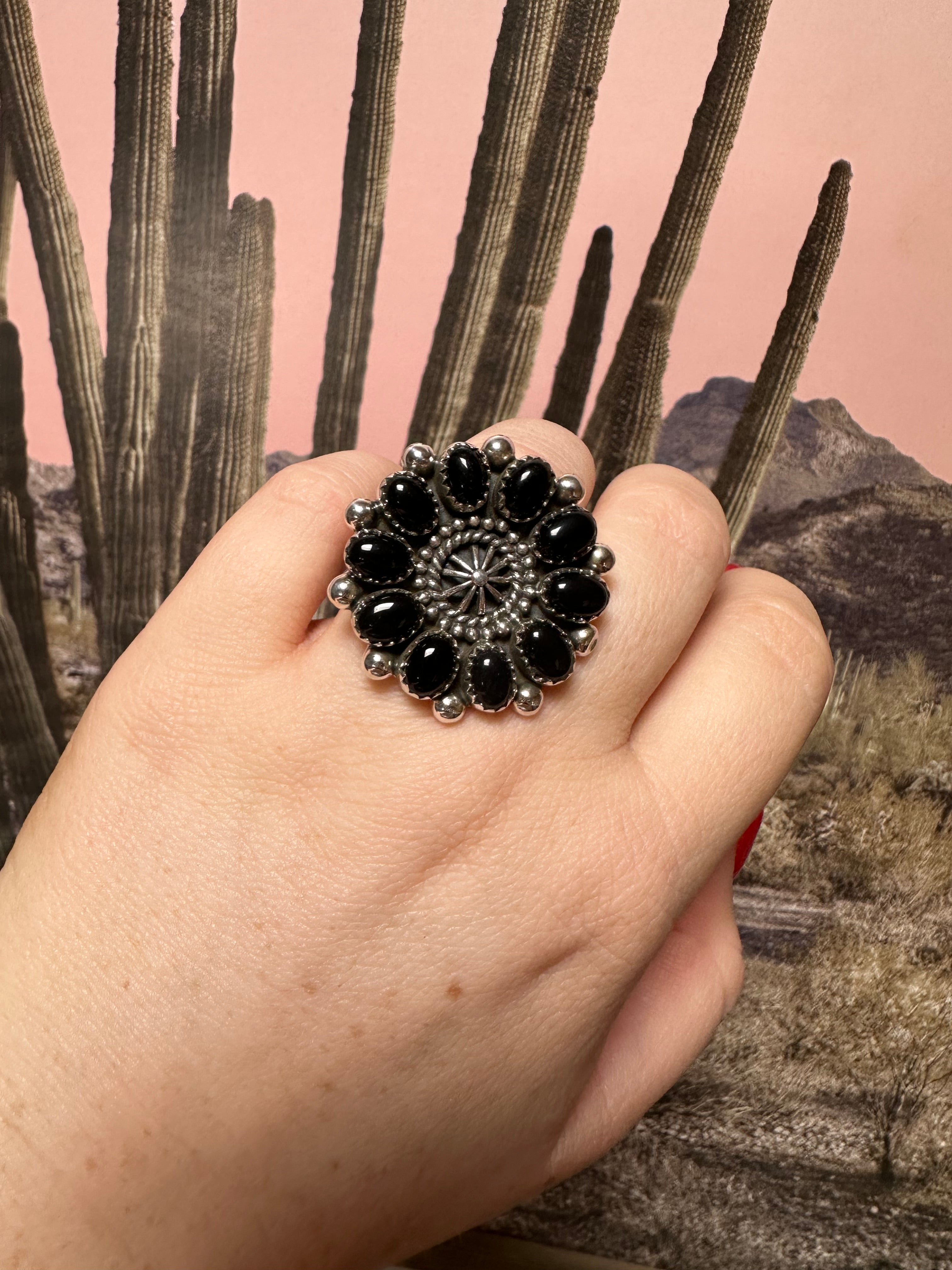 Beautiful Handmade Onyx And Sterling Silver Adjustable Cluster Ring