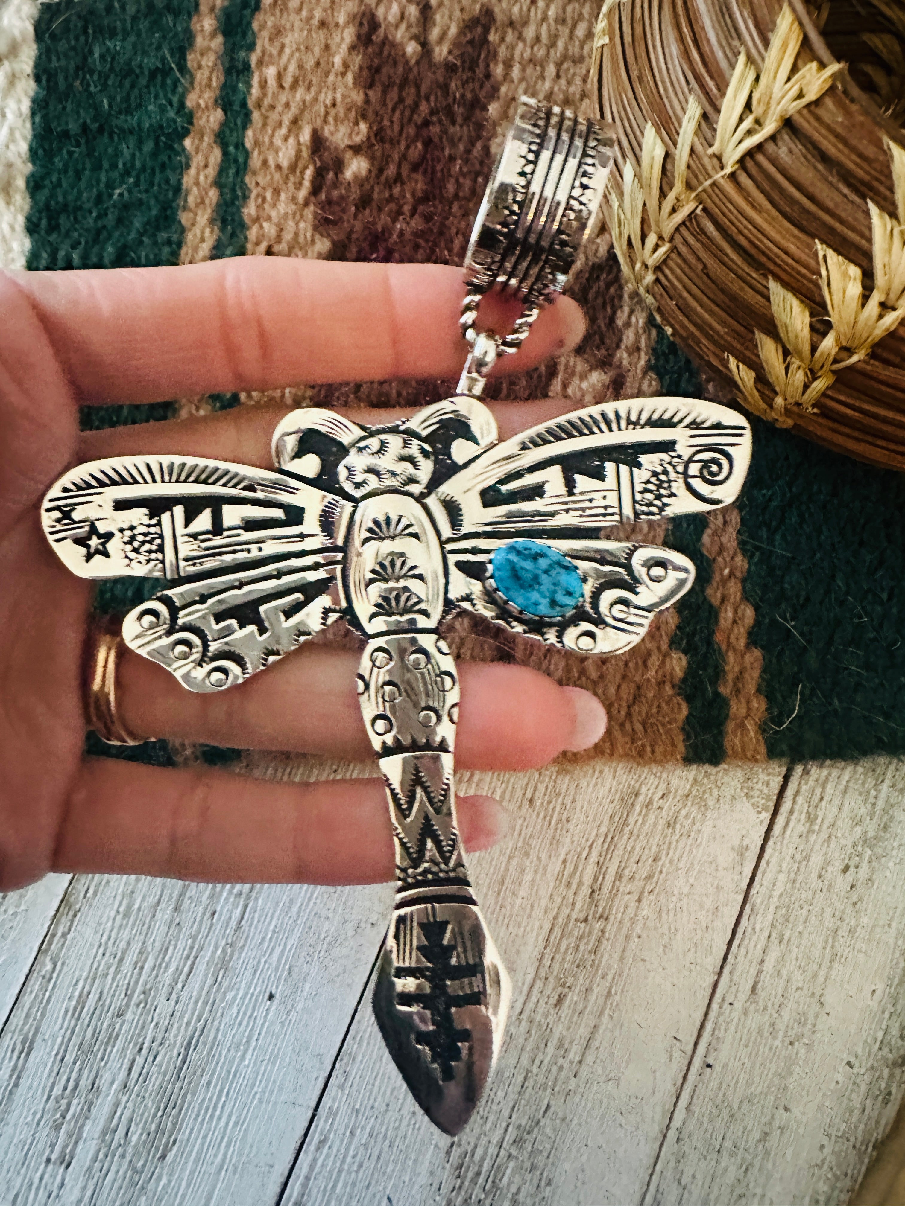 Navajo Turquoise & Sterling Silver Dragonfly Pendant Signed Richard Singer