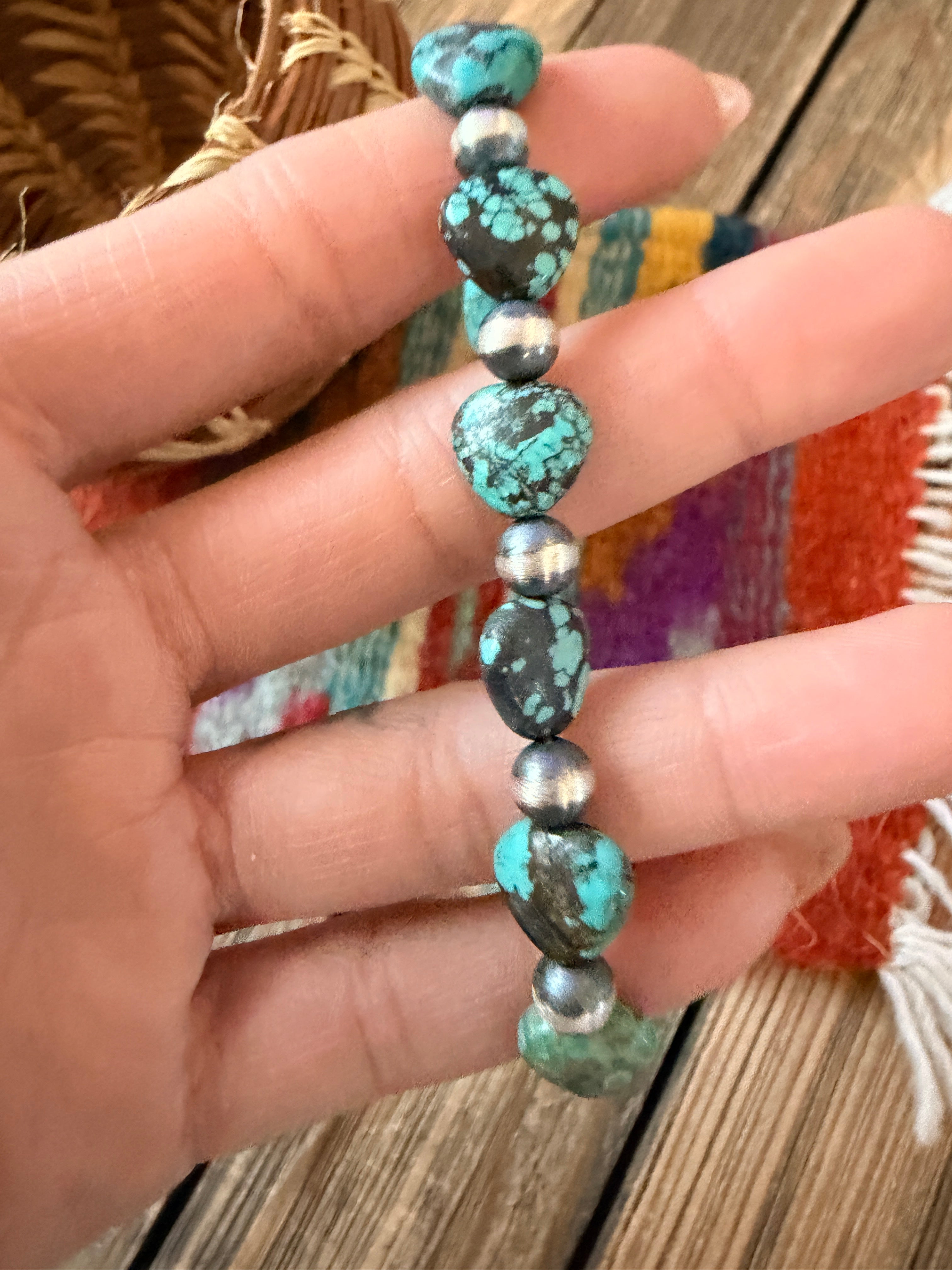 Handcrafted Turquoise & Sterling Silver Beaded Stretch Bracelet