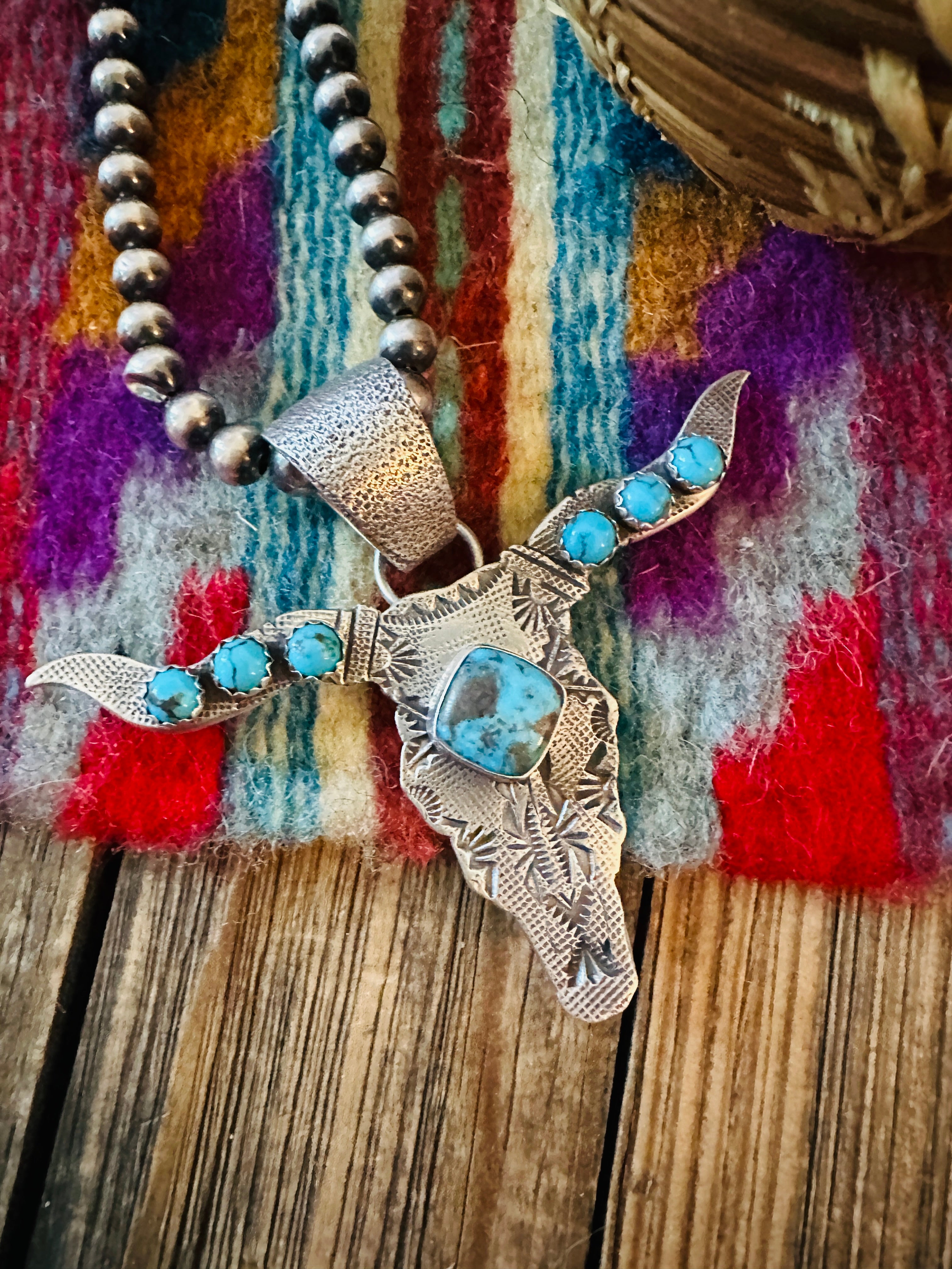 Handcrafted Sterling Silver & Turquoise Bullhead Pendant by Leroy James