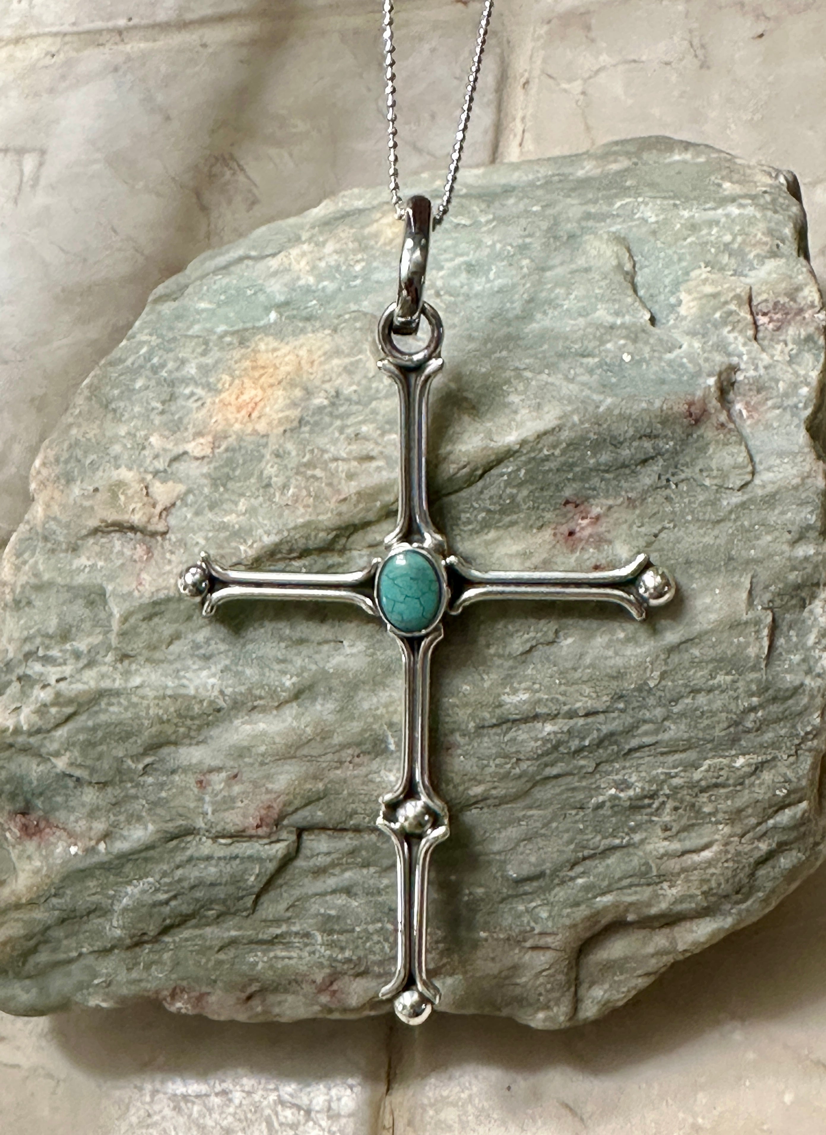 Matchstick Cross w/ Turquoise Center Necklace