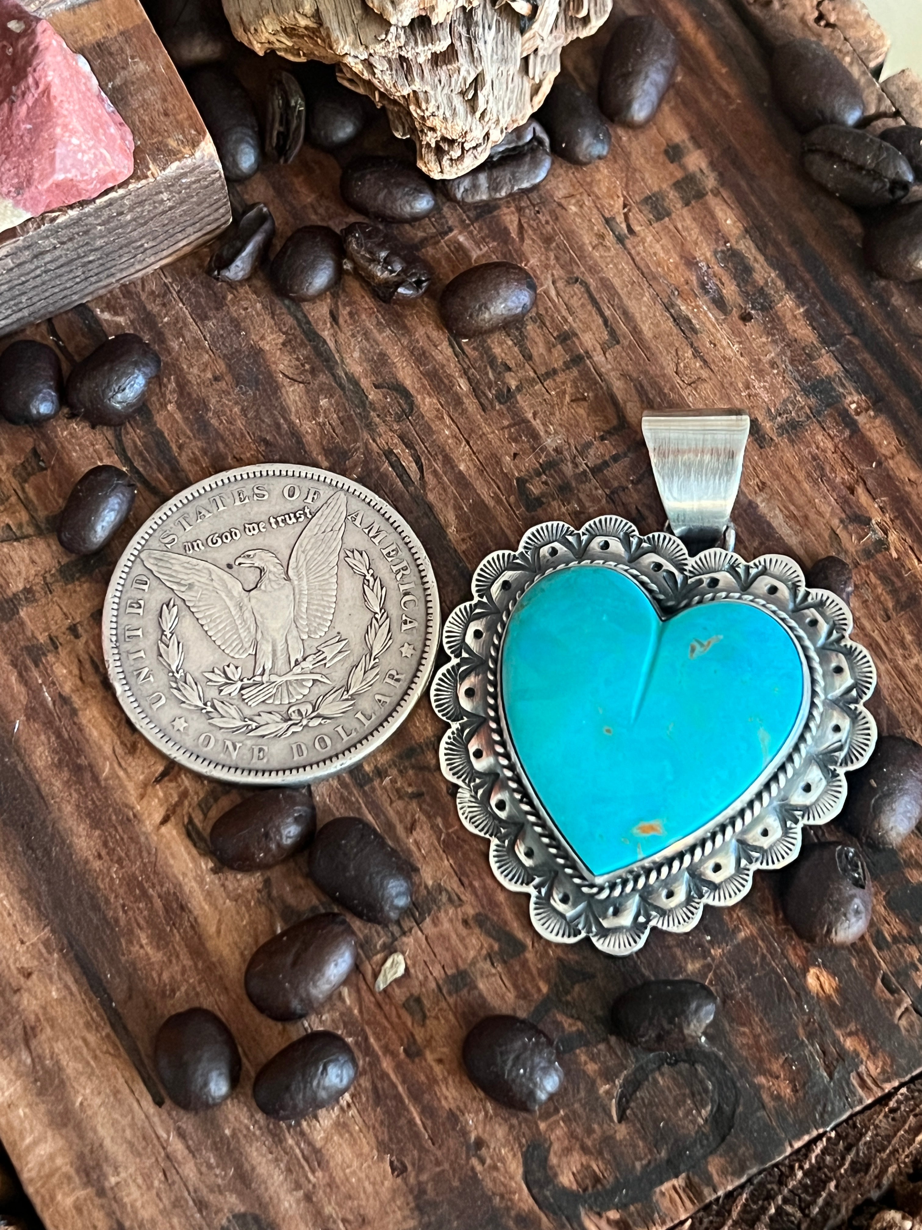 Hand Stamped Sterling Silver & Kingman Turquoise Heart Pendant by June Delgarito