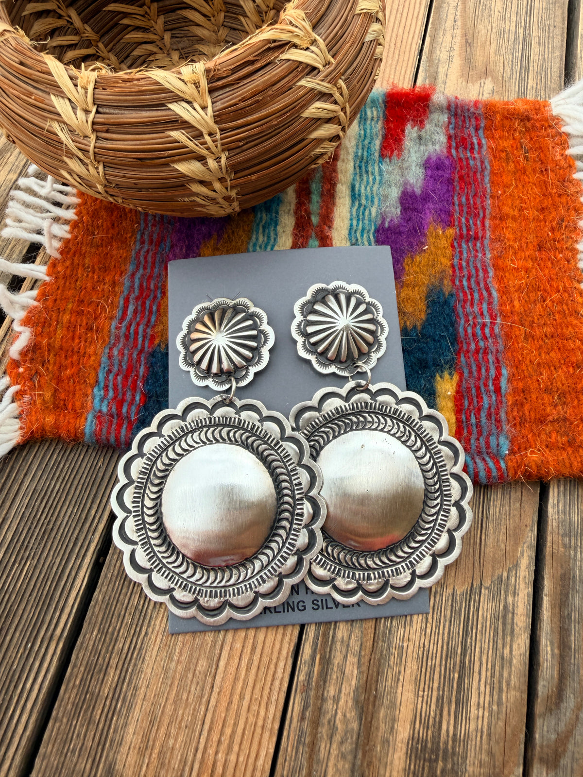 Handcrafted Sterling Silver Concho Dangle Earrings by Leander Tahe