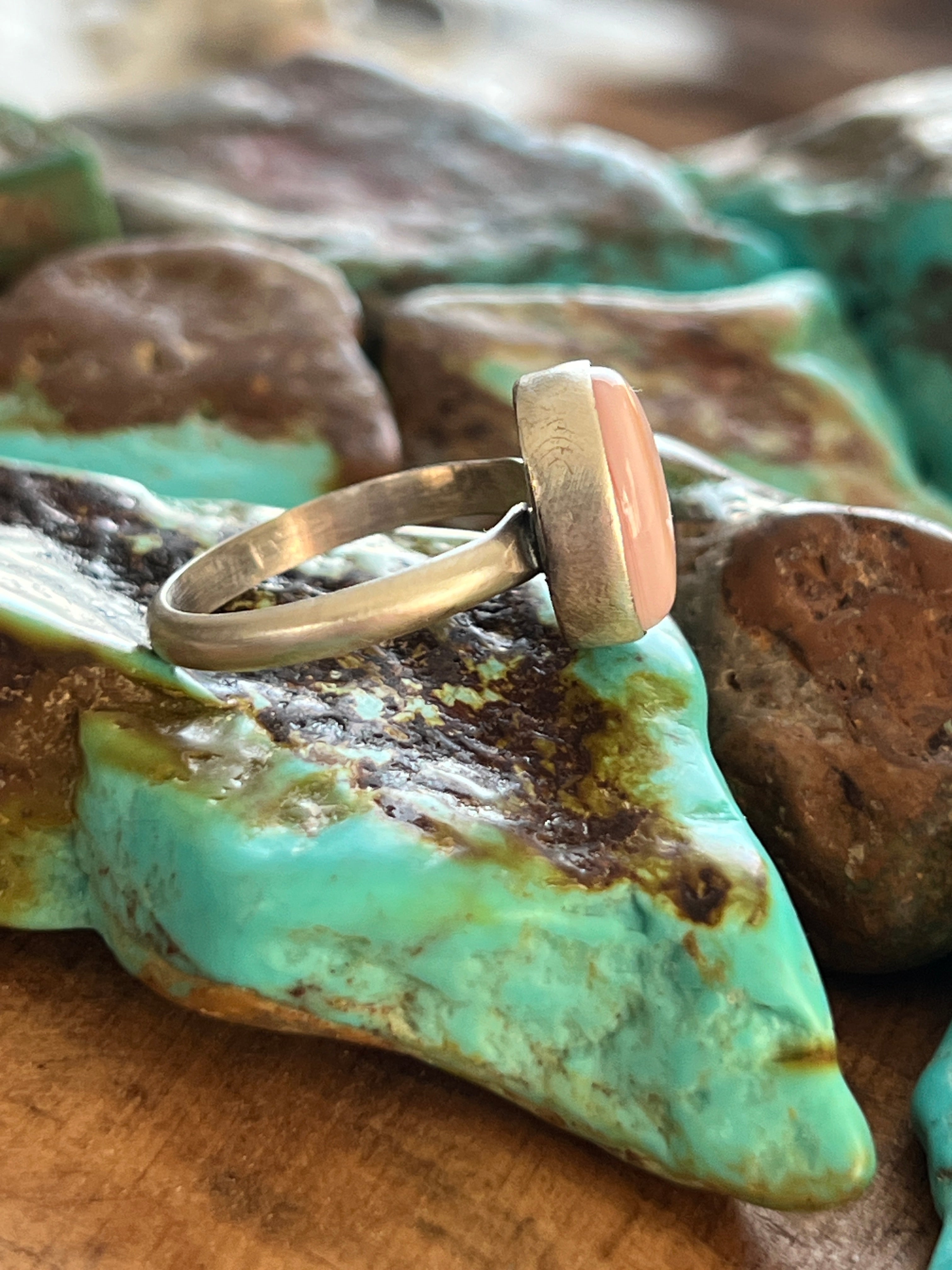 Handcrafted Sterling Silver and Oval Pink Conch Stacker Ring, Single Shank