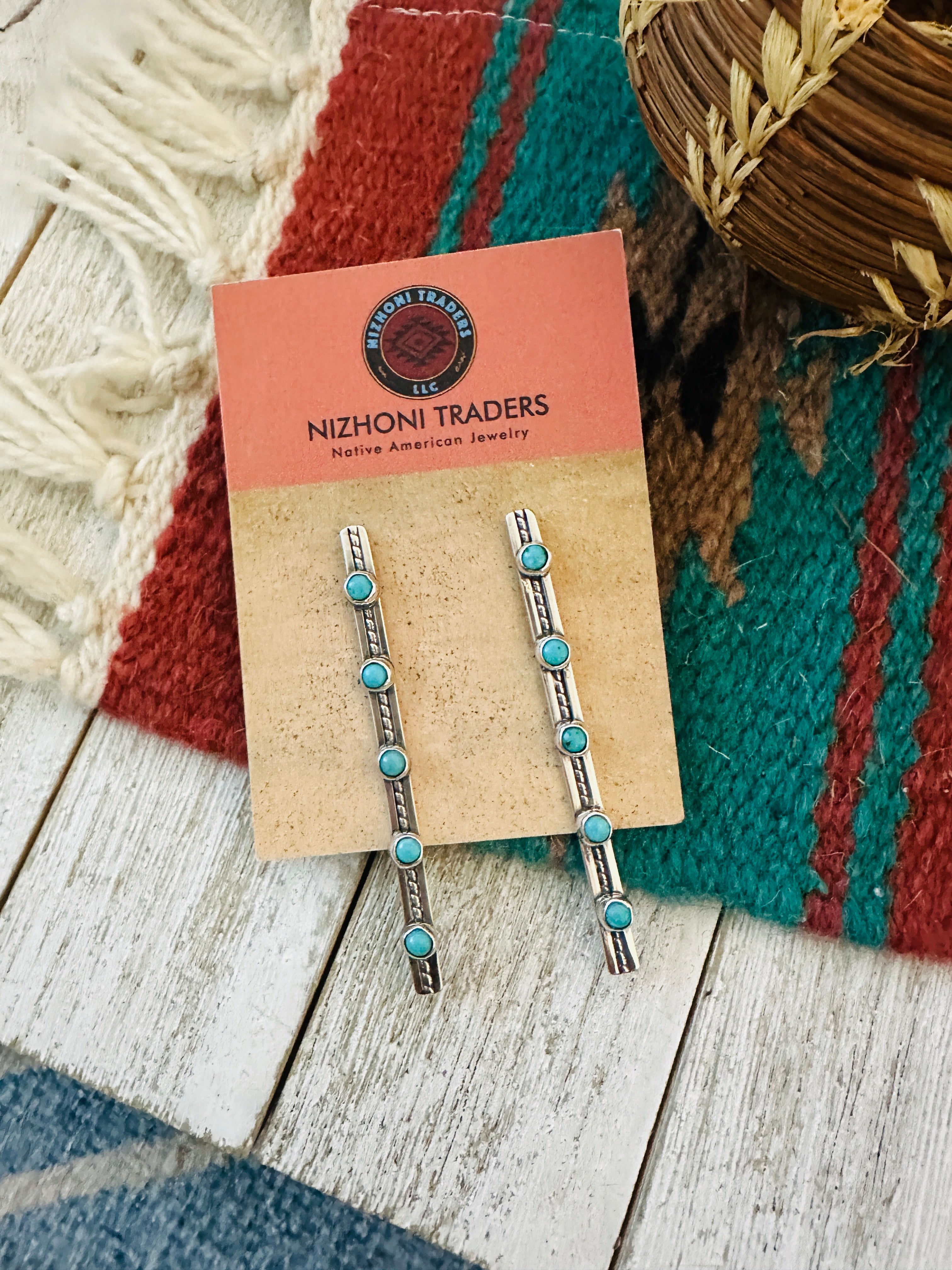 Handcrafted Turquoise & Sterling Silver Five Stone Drop Dangle Earrings