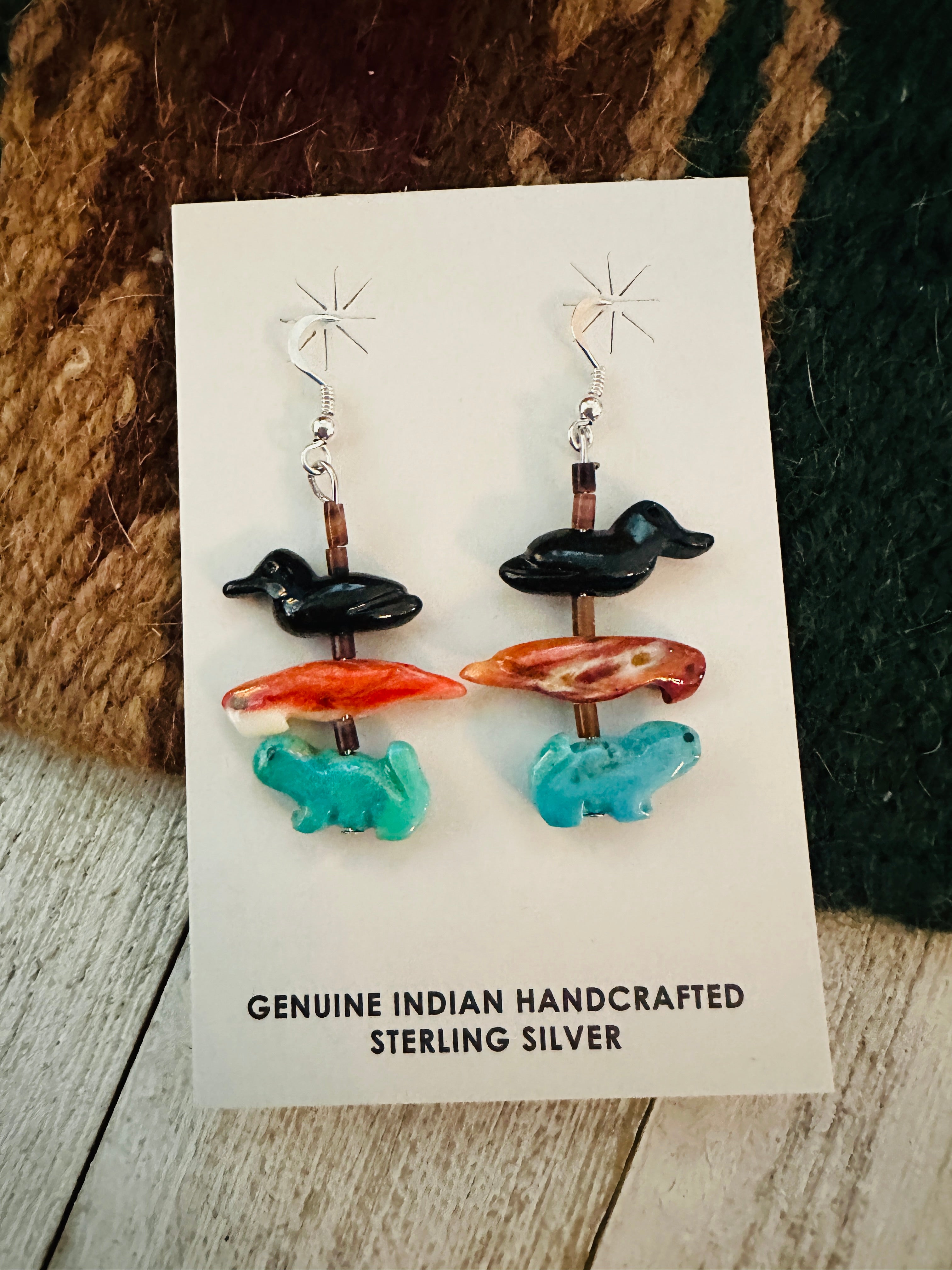 Zuni Multi Stone Beaded Fetish Dangle Earrings