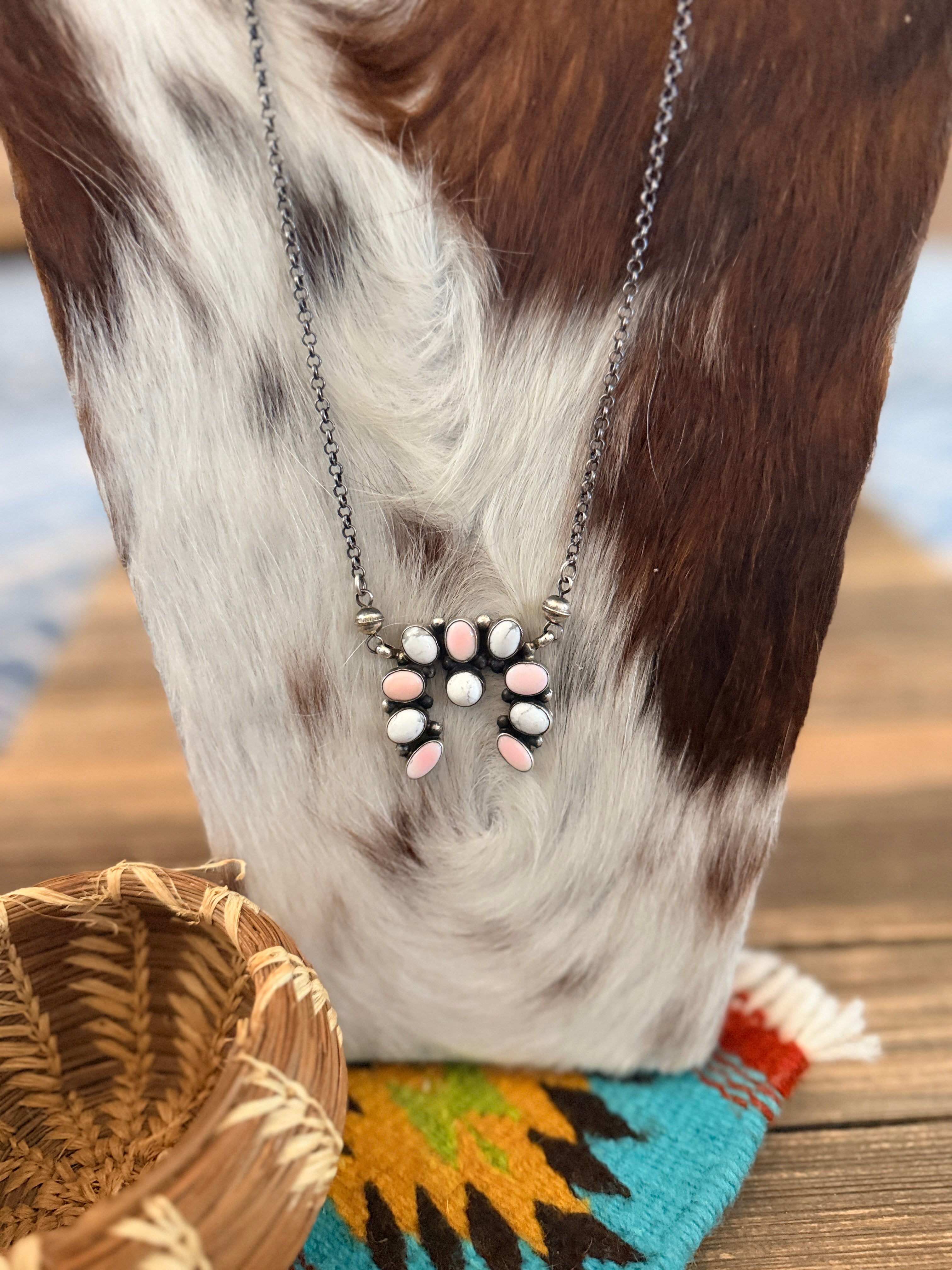 Handcrafted Queen Pink Conch, White Buffalo & Sterling Silver Naja Necklace by Jacqueline Silver