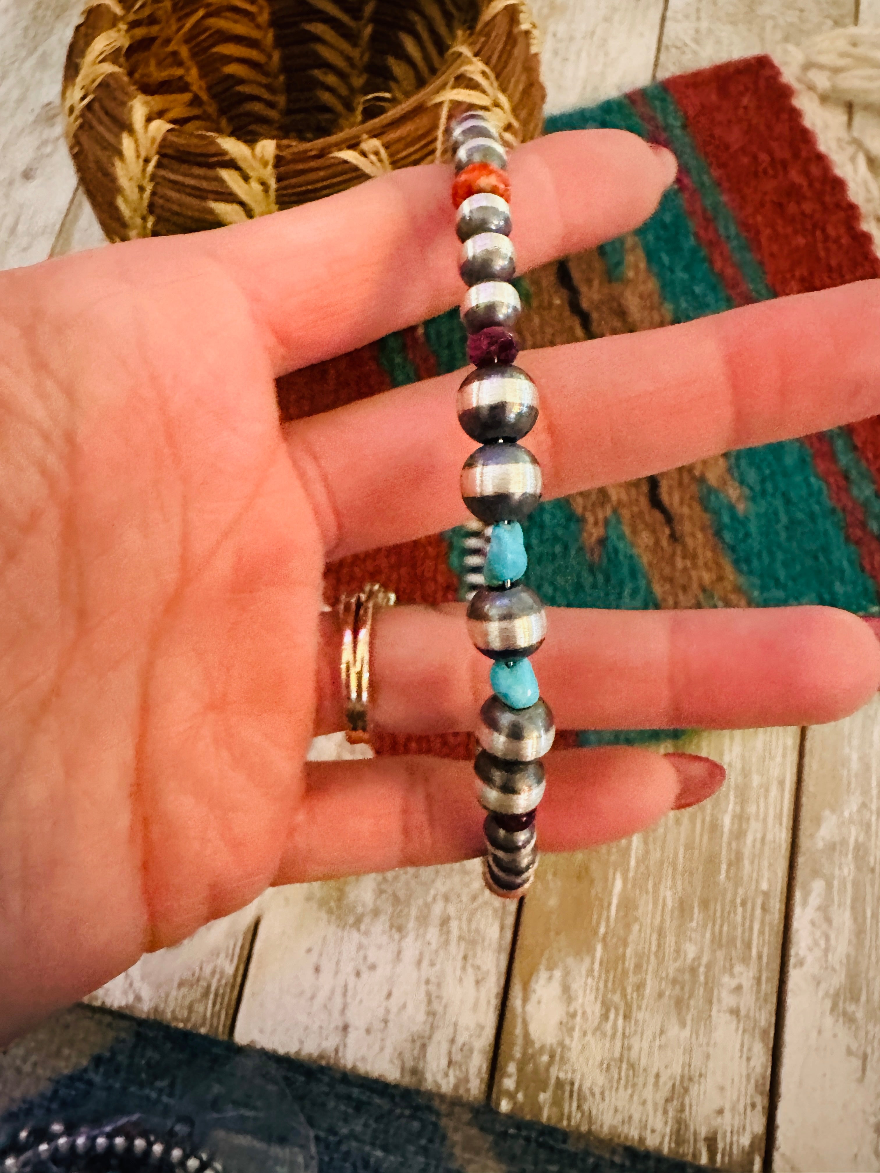 Handcrafted Turquoise, Spiny & Sterling Silver Beaded Wrap Choker Necklace