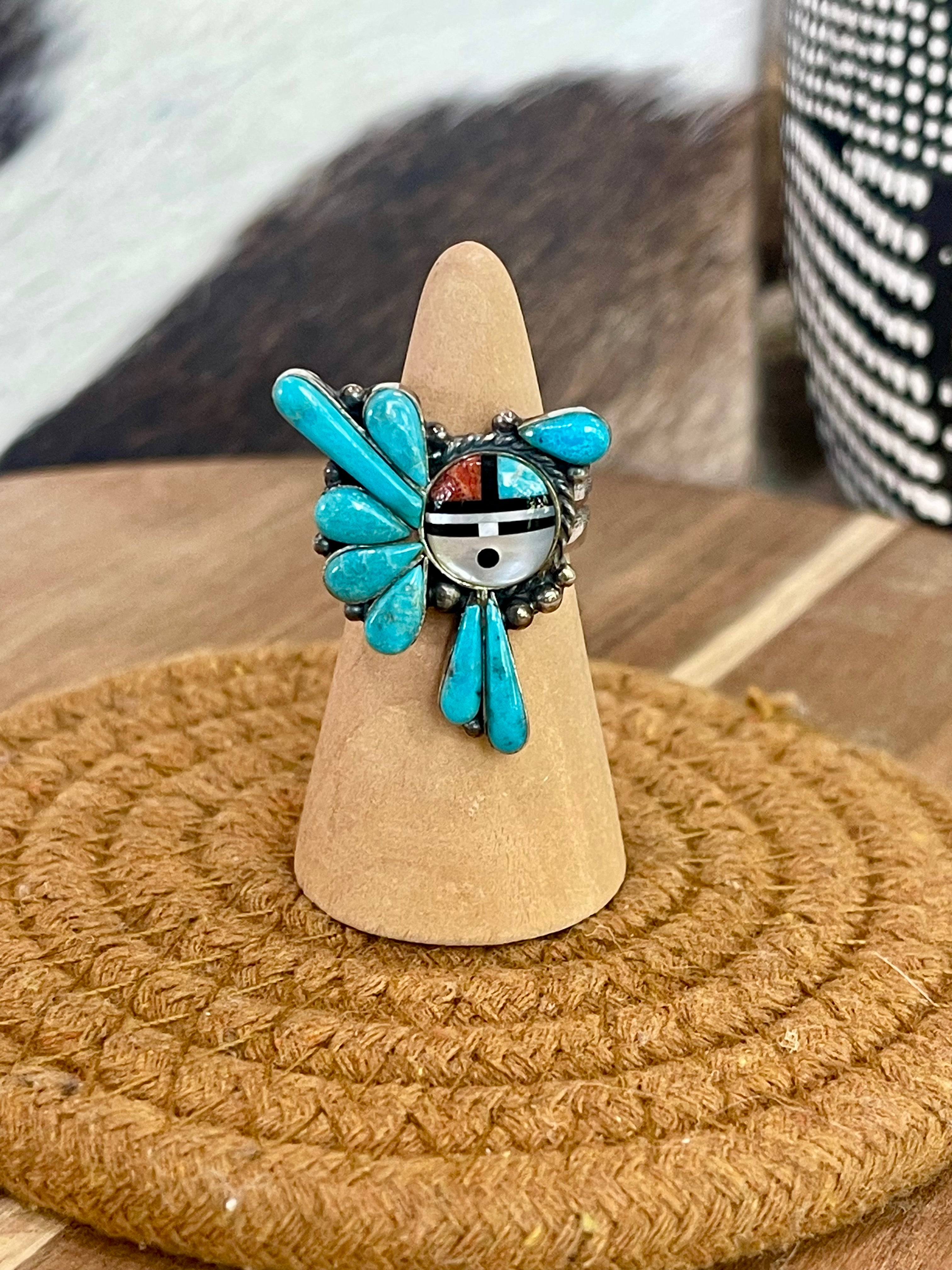 Handmade Sterling Silver, Turquoise & Multi Stone Sunface Adjustable Ring