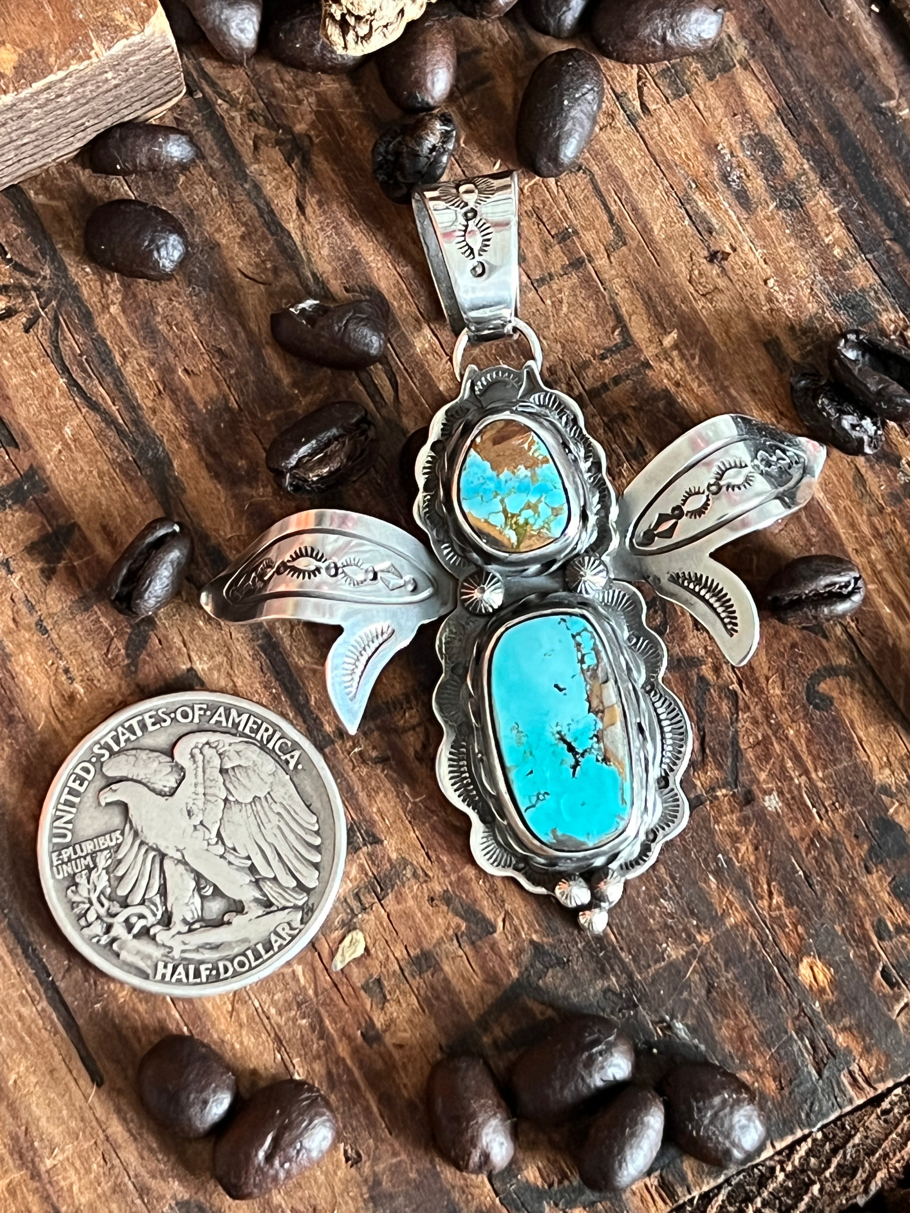 Sterling Silver and Turquoise Winged Bug Pendant by Kimari Somers