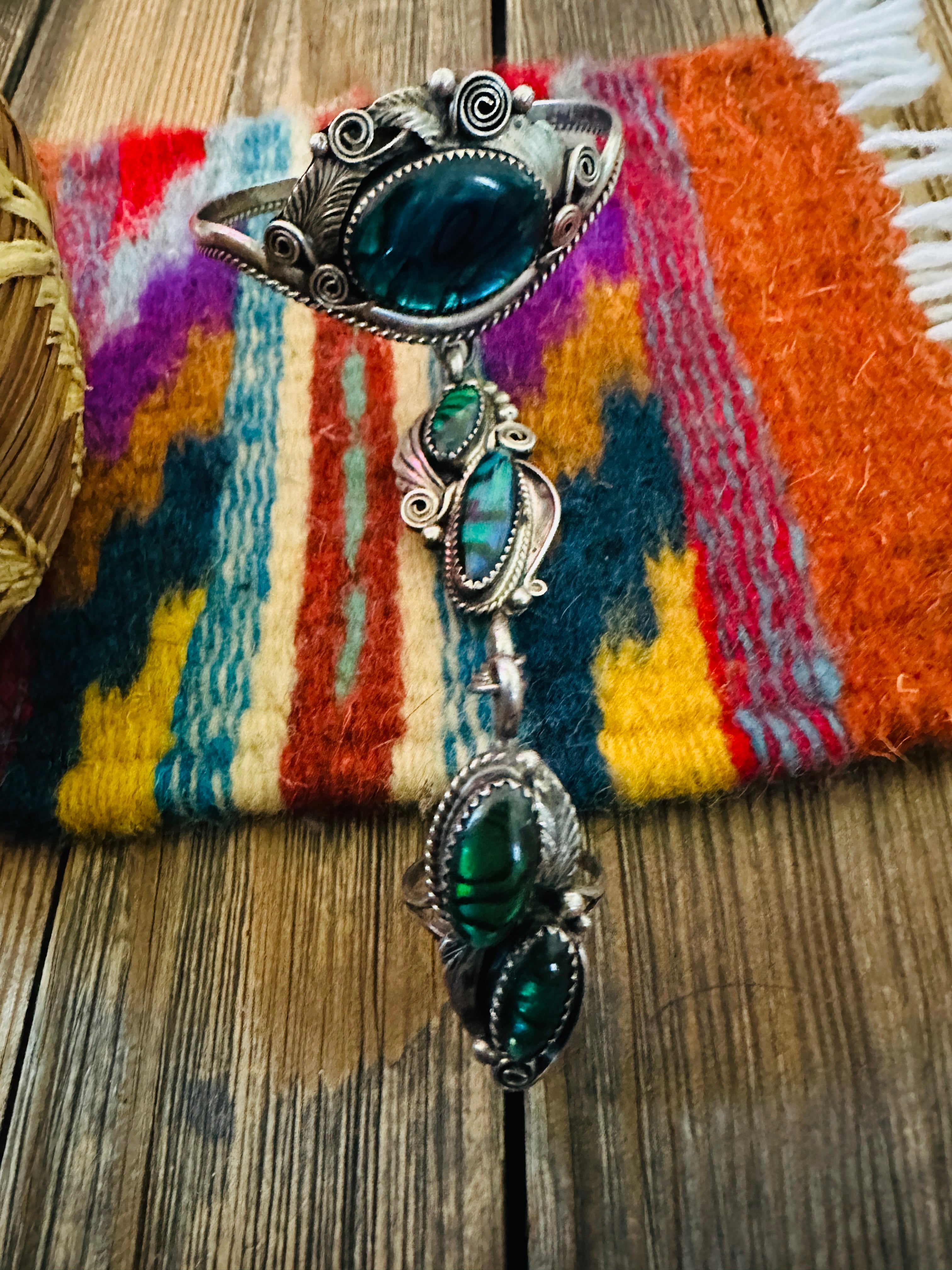 Handcrafted Old Pawn Sterling Silver & Abalone Cuff Bracelet Ring Combo