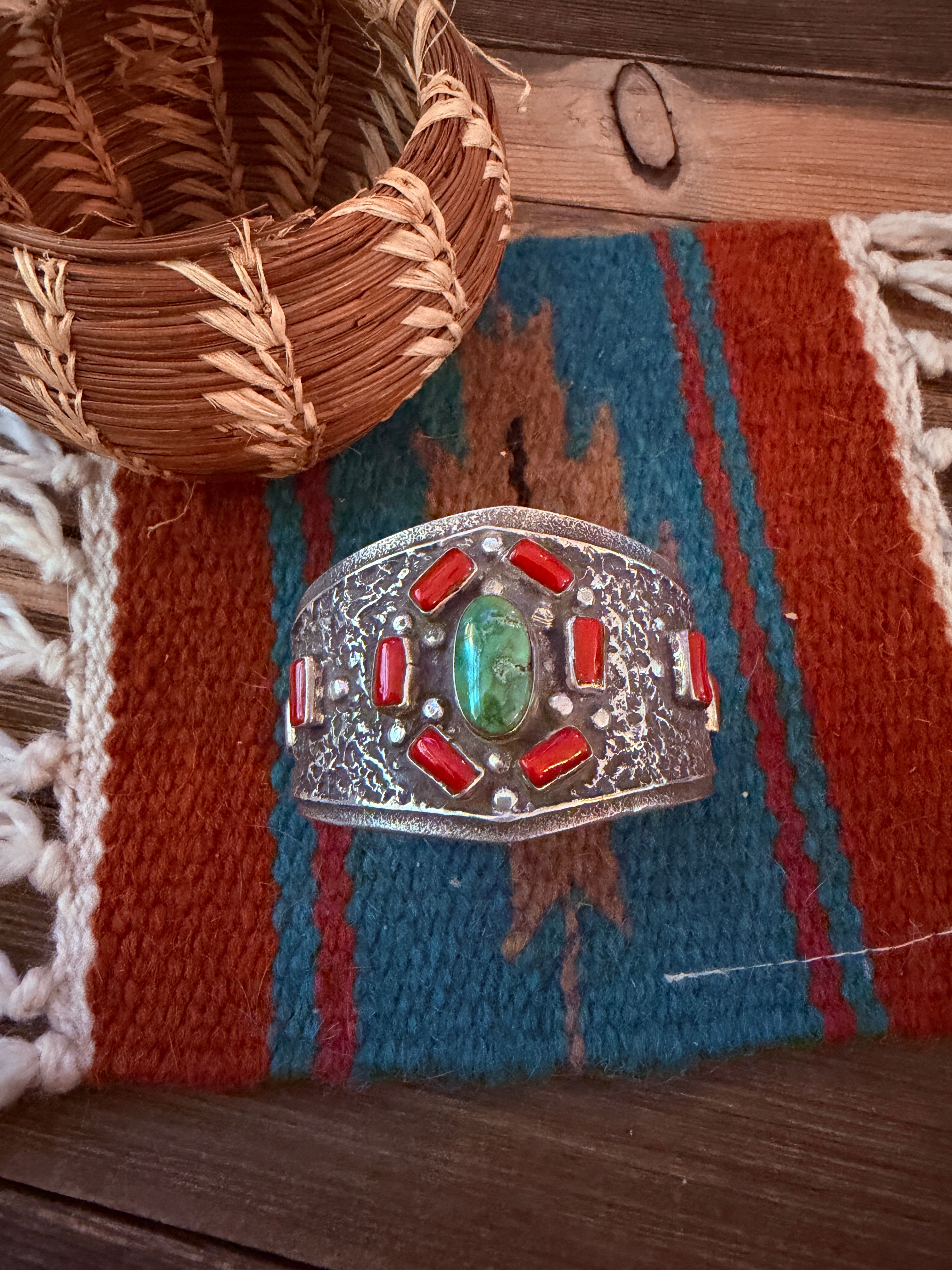 Handcrafted Turquoise, Coral & Sterling Silver Cuff Bracelet