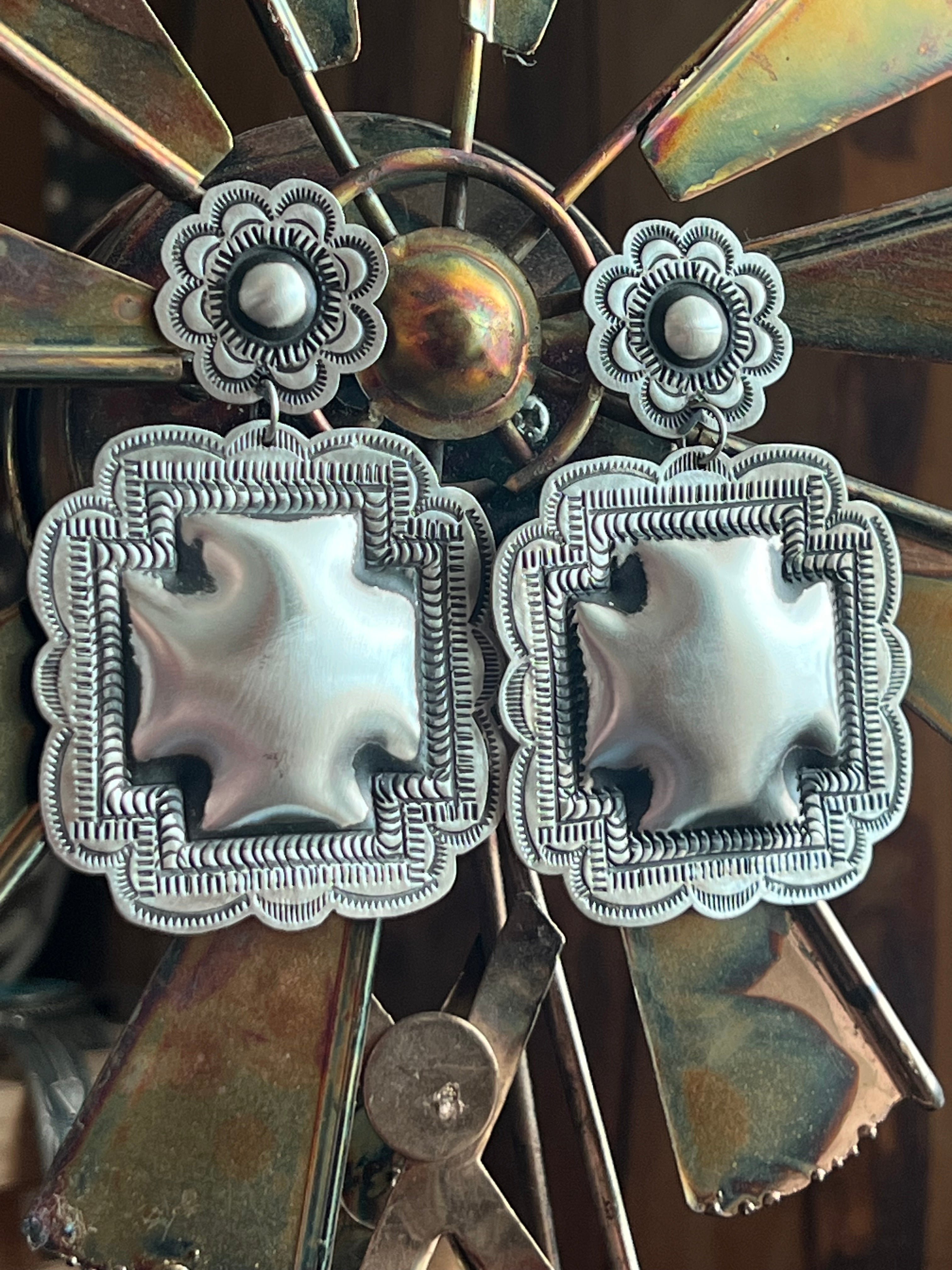 Handcrafted Sterling Silver Stamped Repousse Santa Fe Cross Earrings by Leander Tahe, C3
