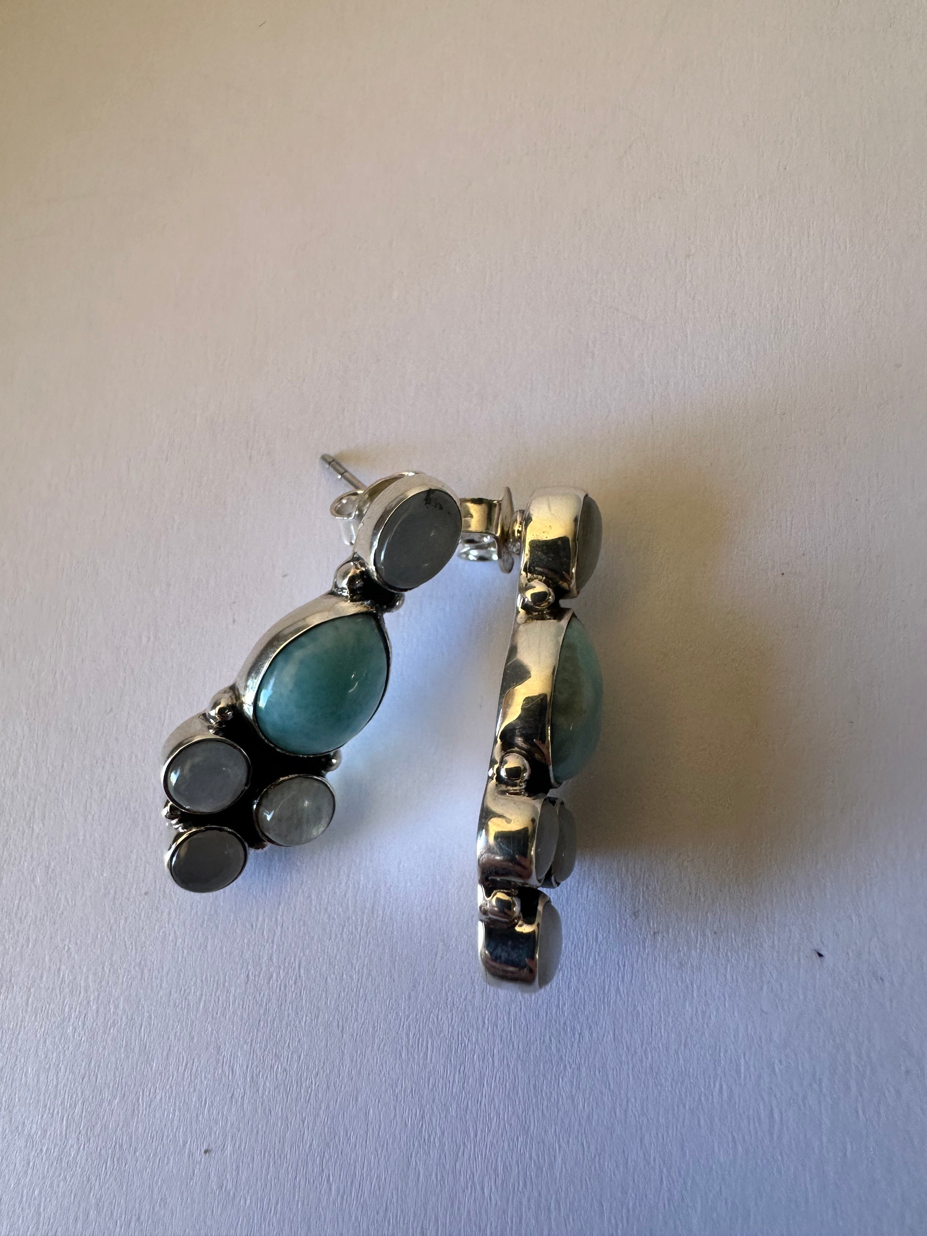 Handmade Larimar, Mother of Pearl and Sterling Silver Post Earrings Signed Nizhoni