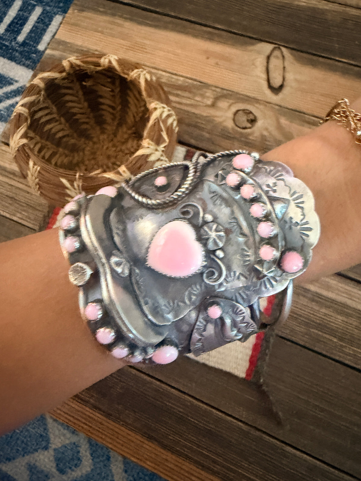 Handcrafted Queen Pink Conch & Sterling Silver Saddle Cuff Bracelet by Tim Yazzie