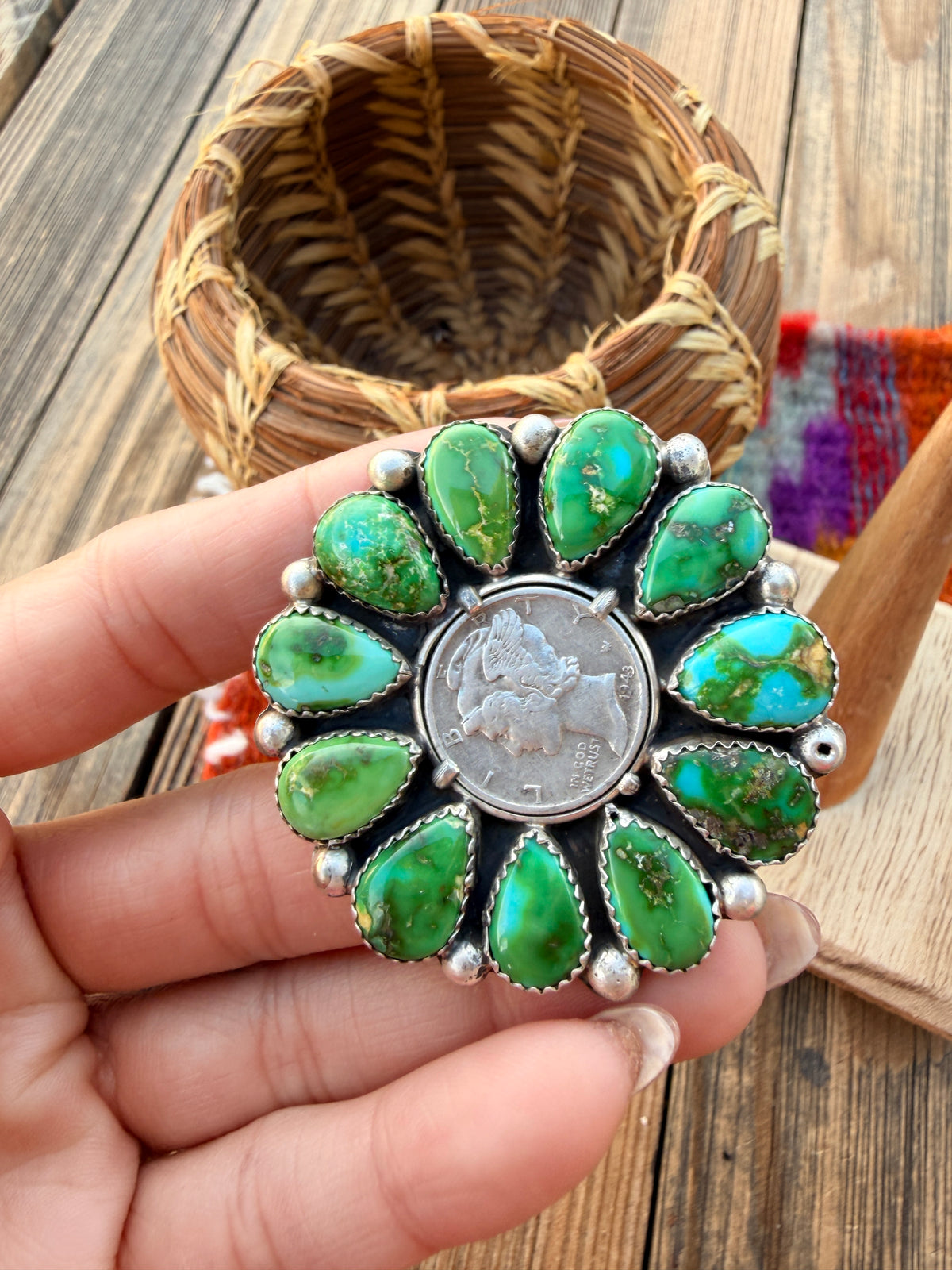 Handcrafted Sonoran Mountain Turquoise & Sterling Silver Liberty Dime Adjustable Ring by Michael Thomas Jr