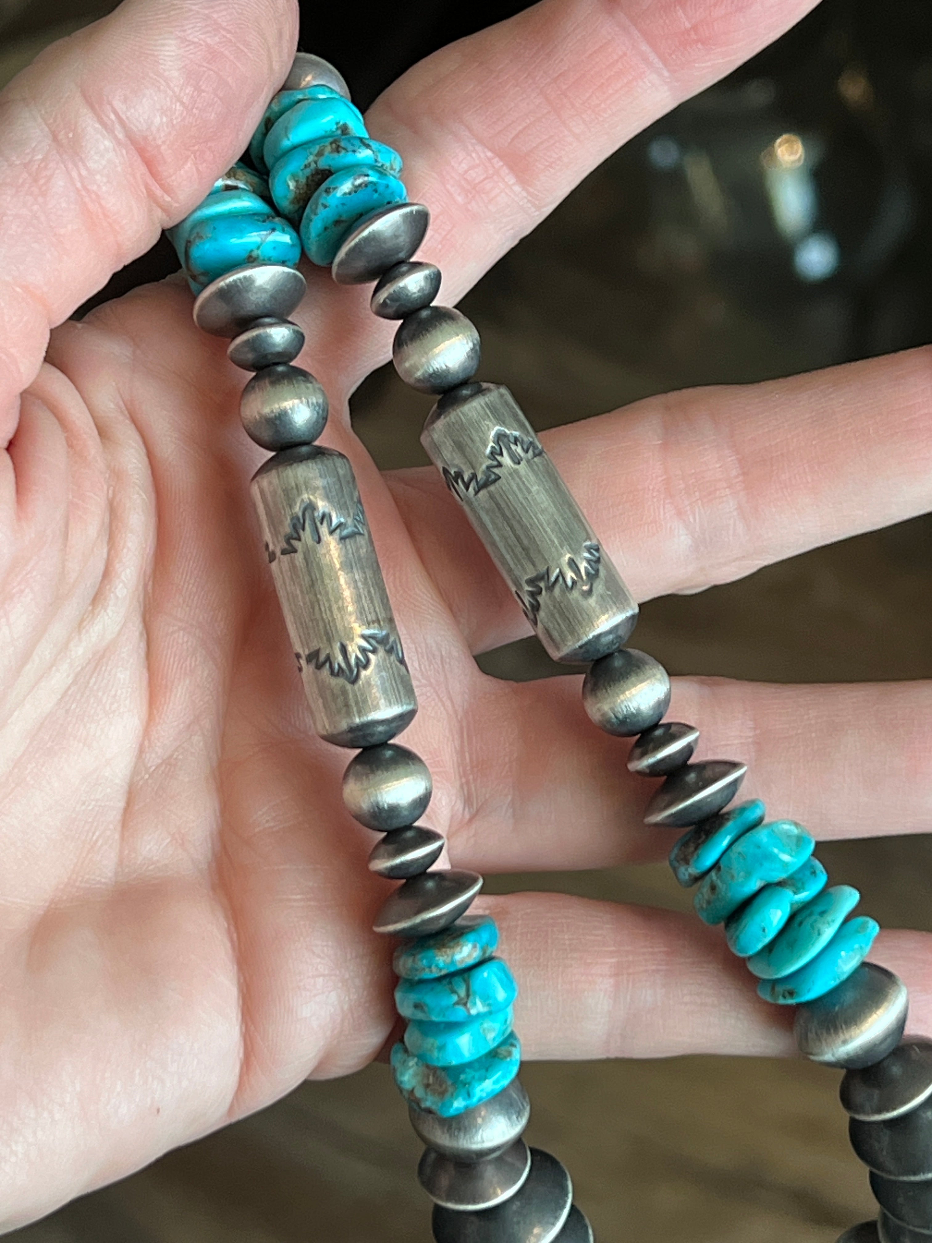 Handcrafted Sterling Silver and Kingman Turquoise Beaded Necklace by Rose Martin, 20 + 1-1/2 inches