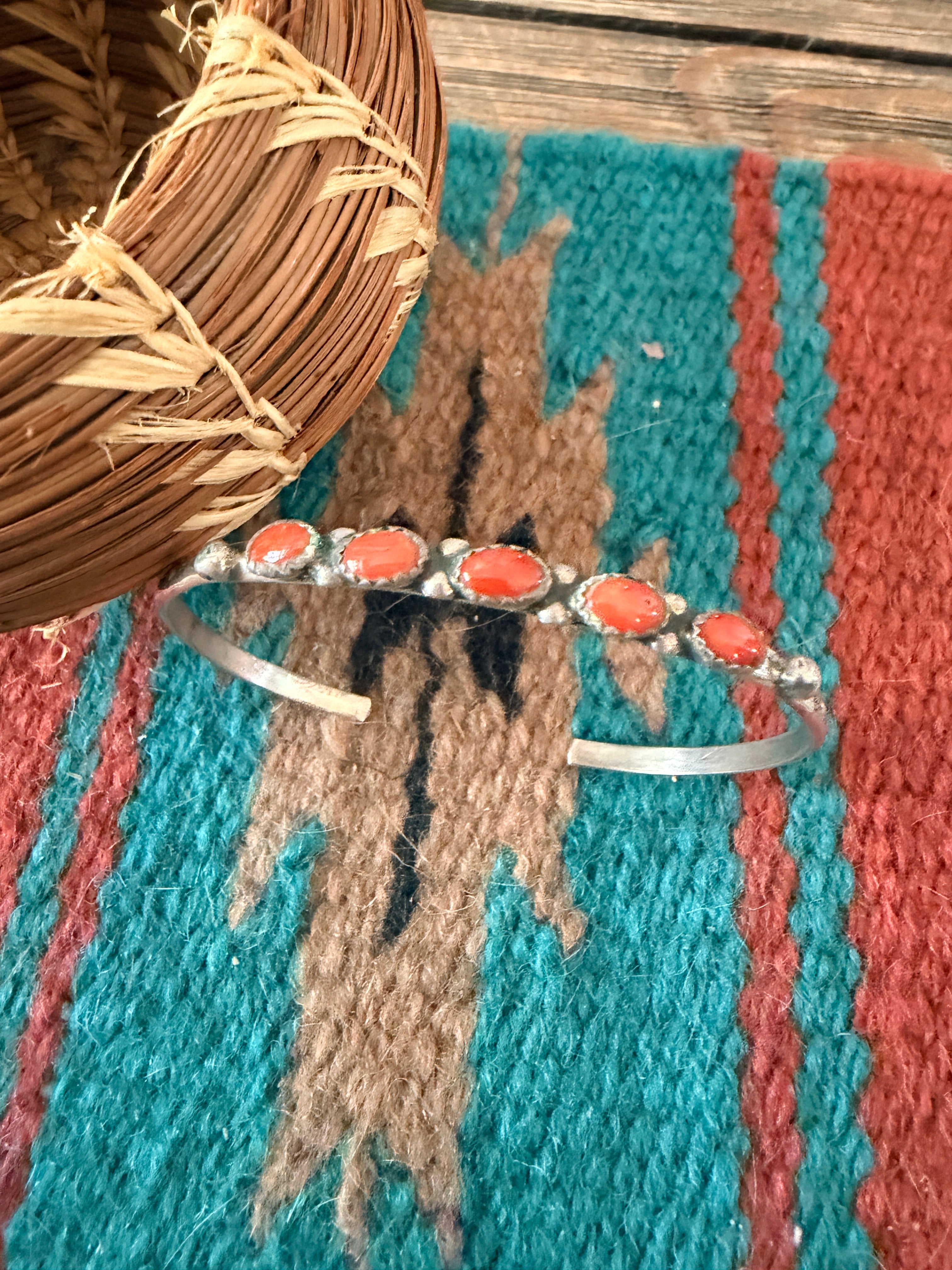Handcrafted Old Pawn Sterling Silver & Coral Cuff Bracelet