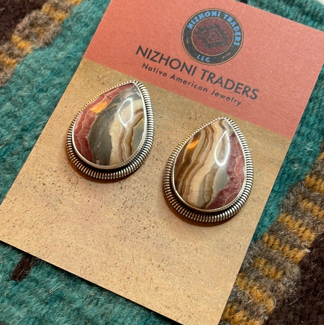 Navajo Sterling Silver & Rhodochrosite Stone Post Earrings