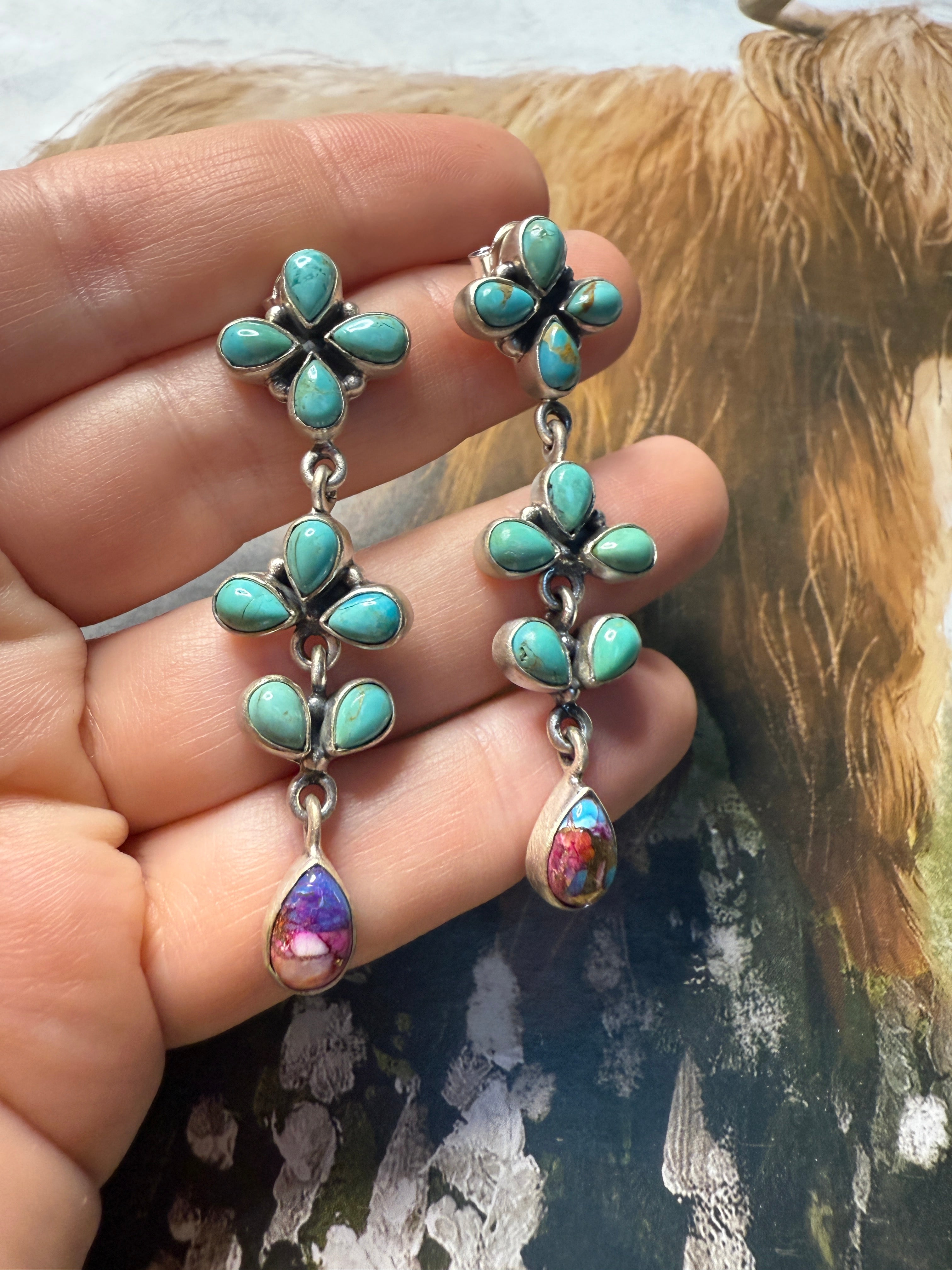 Handmade Sterling Silver, Pink Dream & Turquoise Post Dangle Earrings