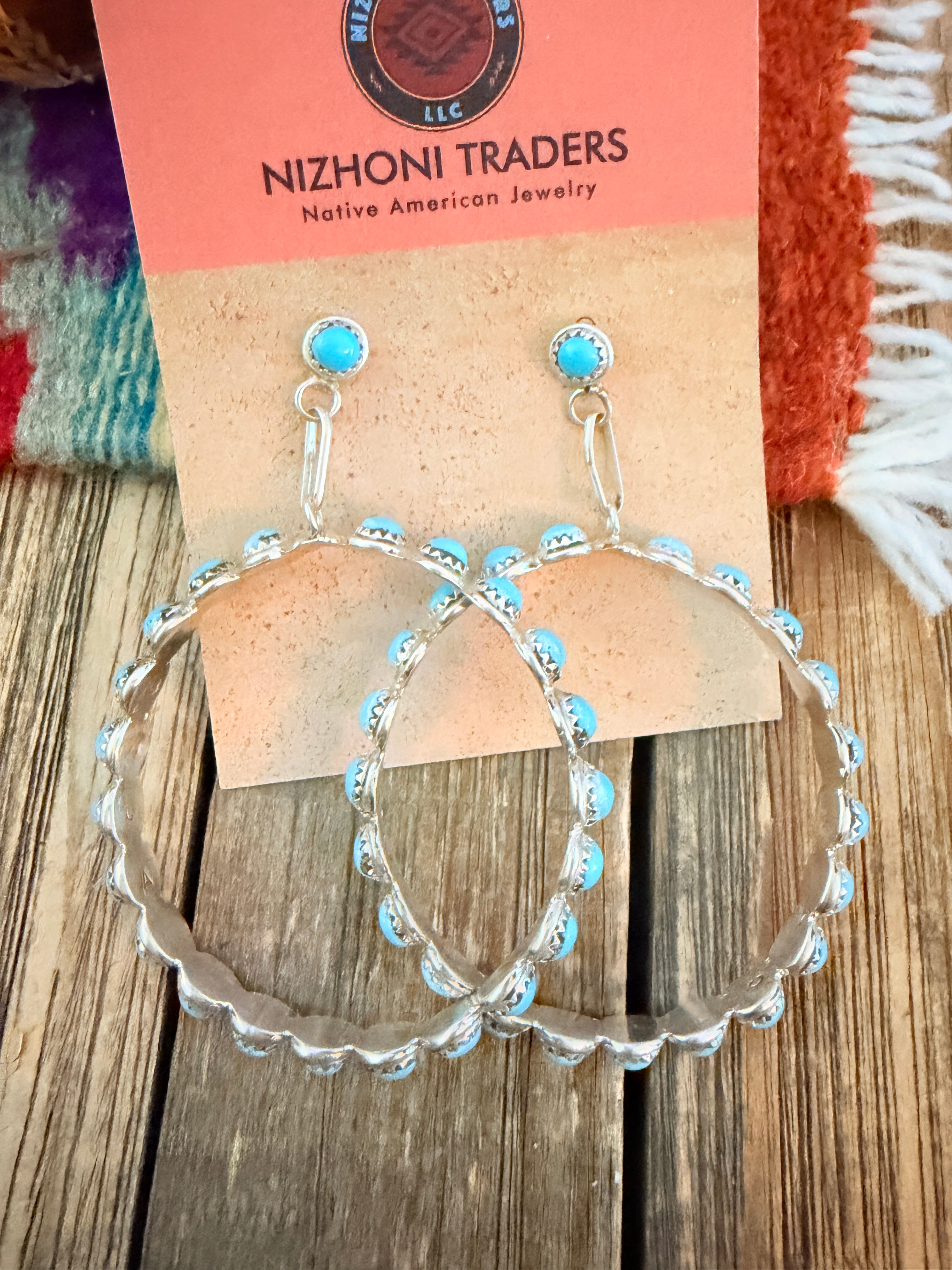 Handcrafted Turquoise & Sterling Silver Dangle Hoop Earrings