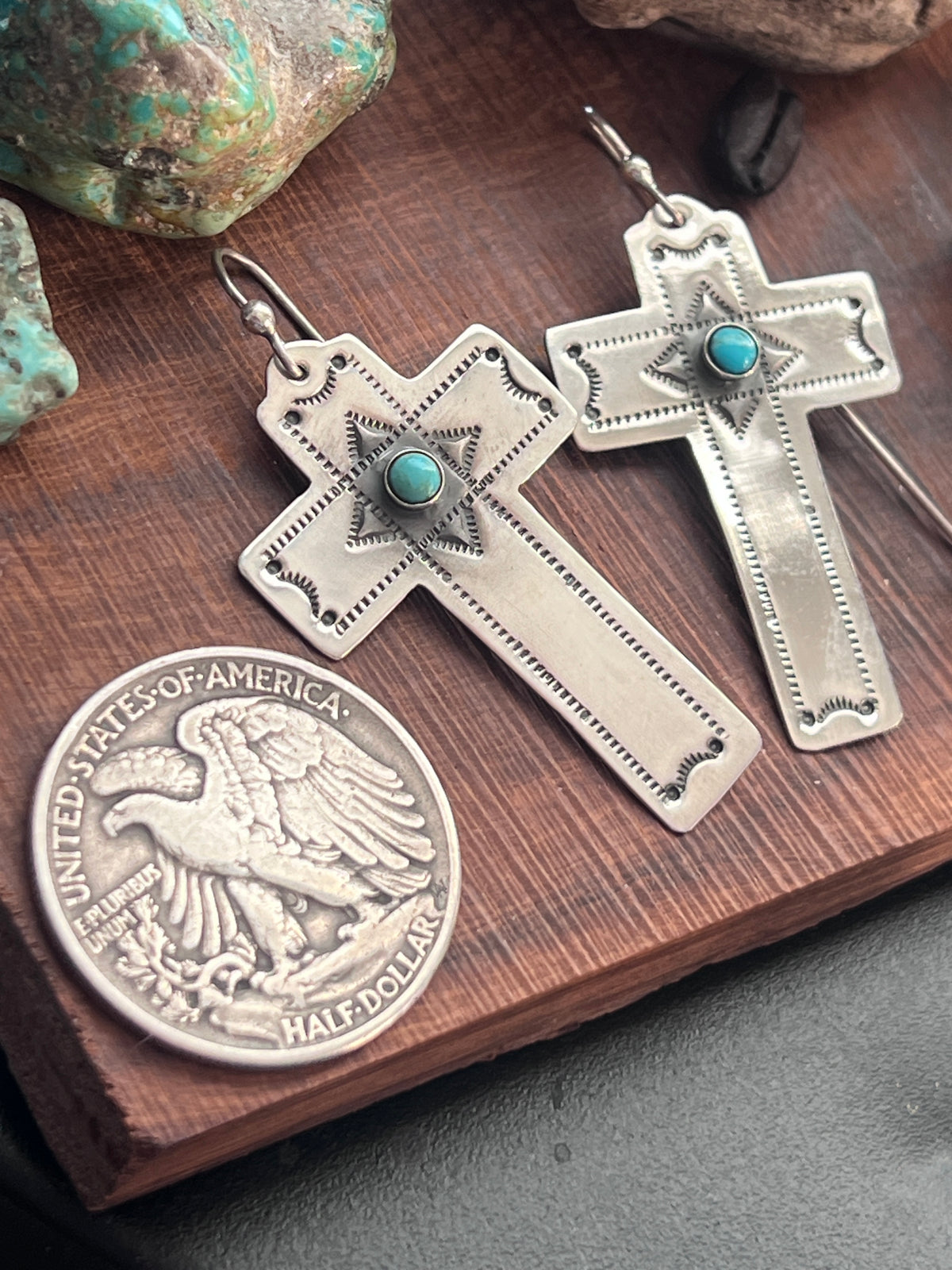 Hand Stamped Sterling Silver Cross Dangle Earrings with Turquoise by Kimari Somers