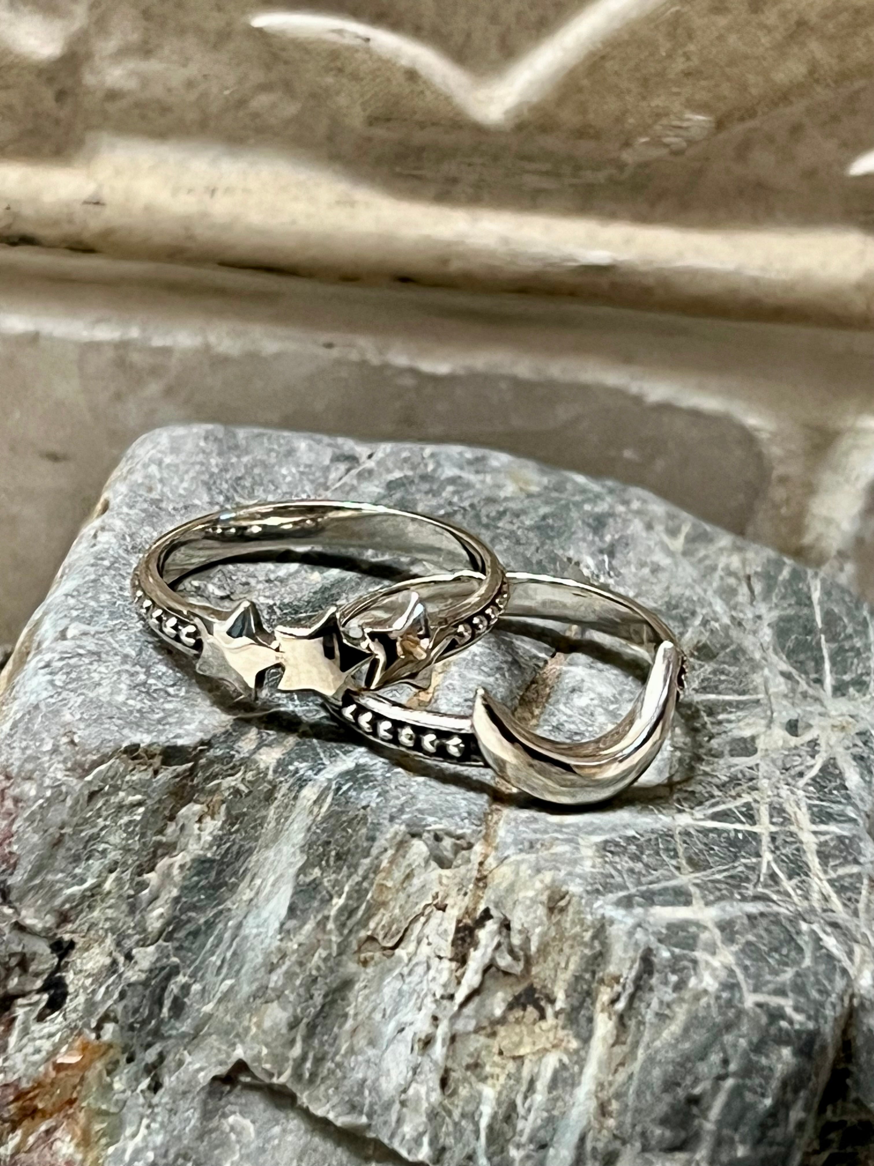 Crescent Moon & 3 Stars Sterling Silver Rings