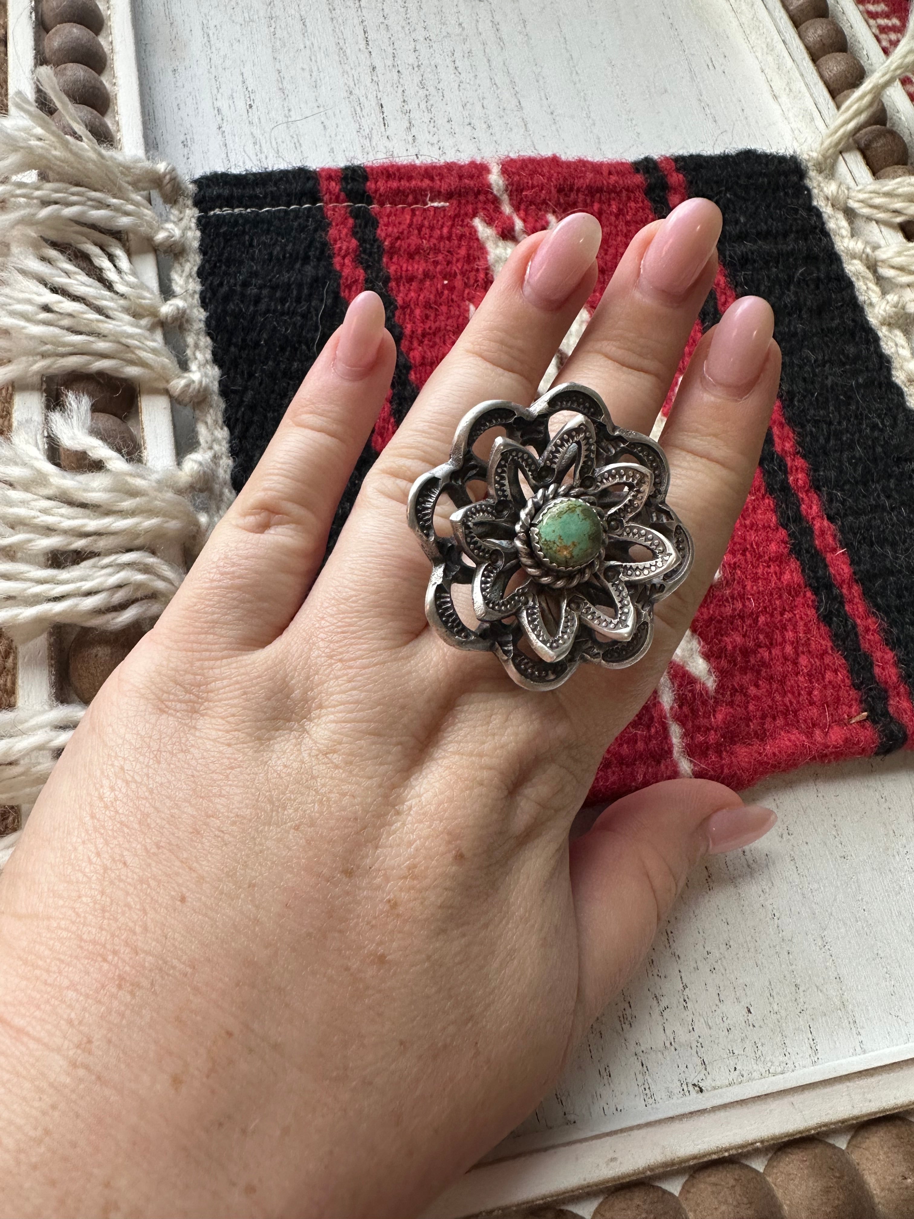 Gorgeous Navajo Turquoise And Sterling Silver Adjustable Flower Ring Signed K Billah