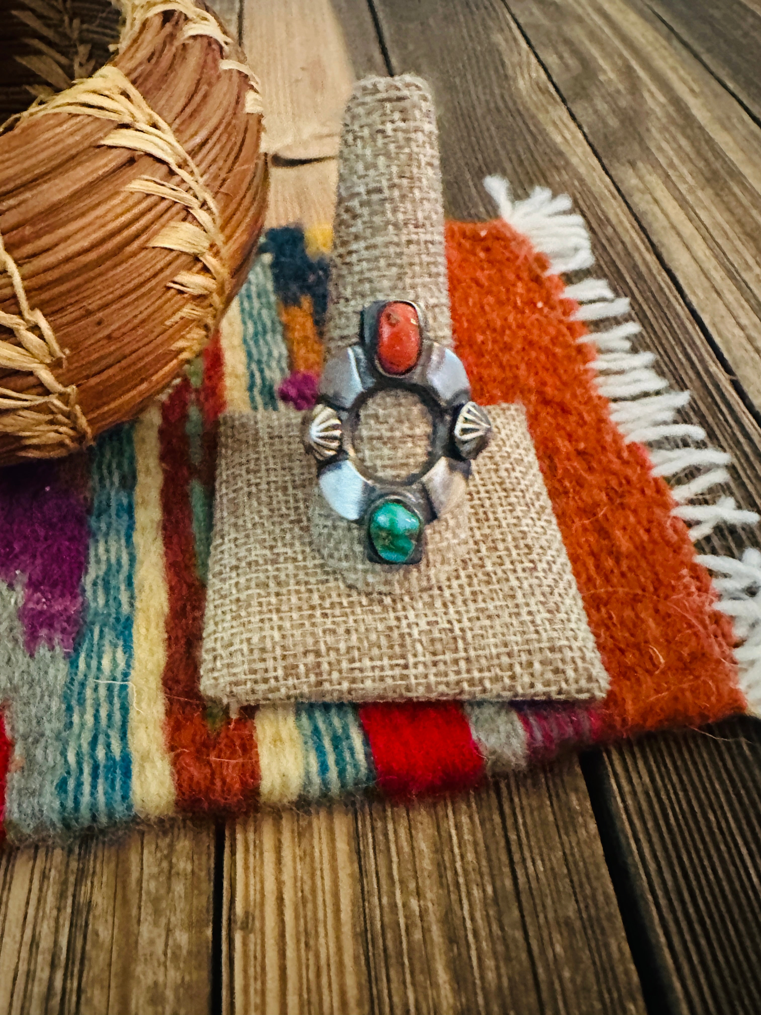 Handcrafted Turquoise, Coral & Sterling Silver Ring Size 11 by Chimney Butte